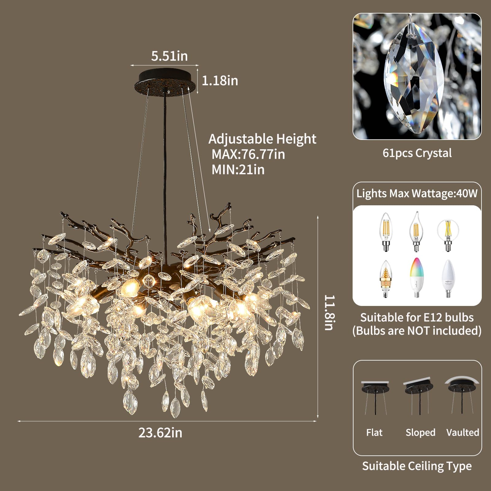 Egm Black 24 Inch Tree Branch Crystal Chandelier, Modern Raindrop Crystal Ceiling Light Fixtures 8-Light(E12), Hanging Round Cha