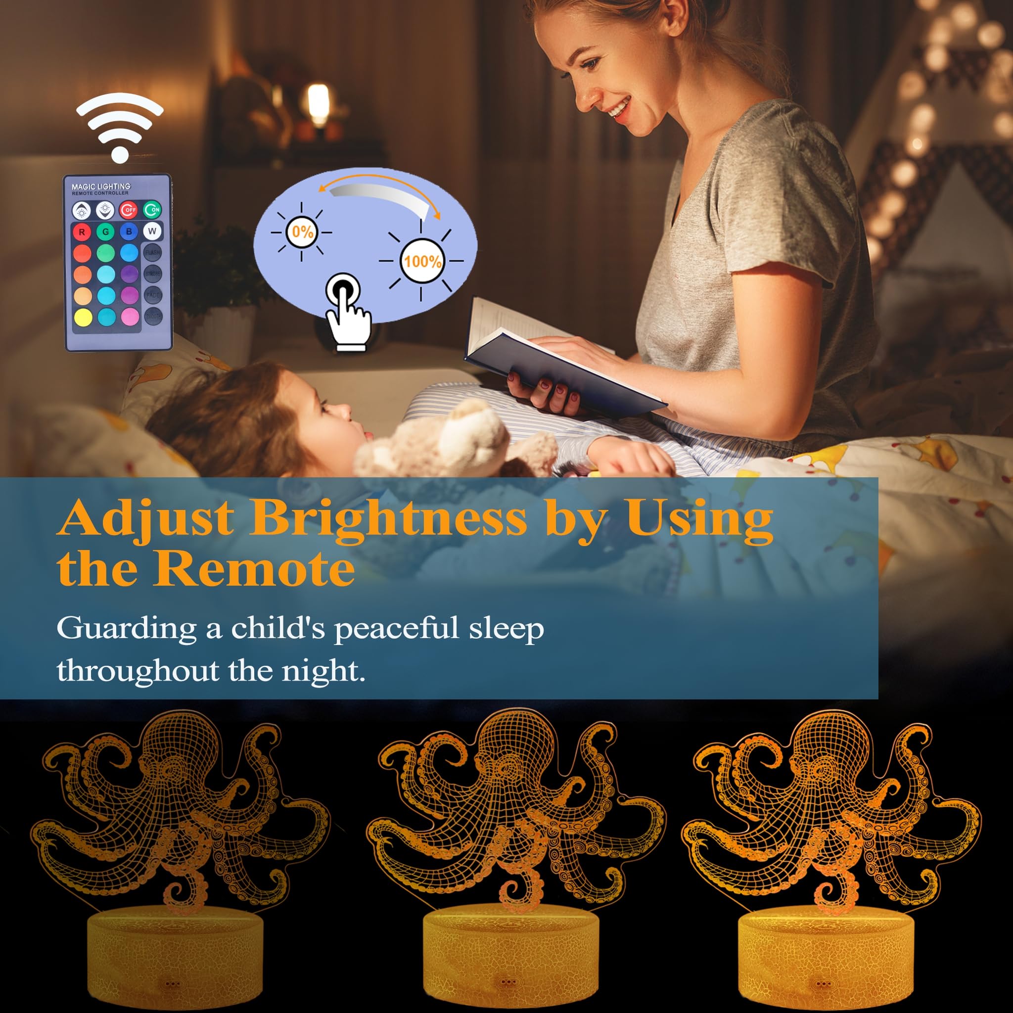 Posshe Octopus Night Light, 3D Illusion Night Light Lamp, Octopus Stuff With 16 Colors Changing, Remote Control And Dimmable, Ki