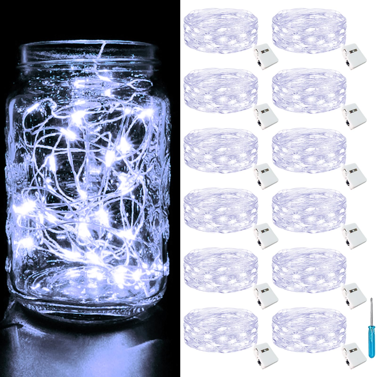 Btfarm 12 Pack Fairy Lights Battery Operated [3 Modes], 7Ft 20 Led Twinkle Lights String Lights Waterproof Bulk Small Mini Silver Wire For Mason Jars Vases Wedding Table Centerpiece, Cold White