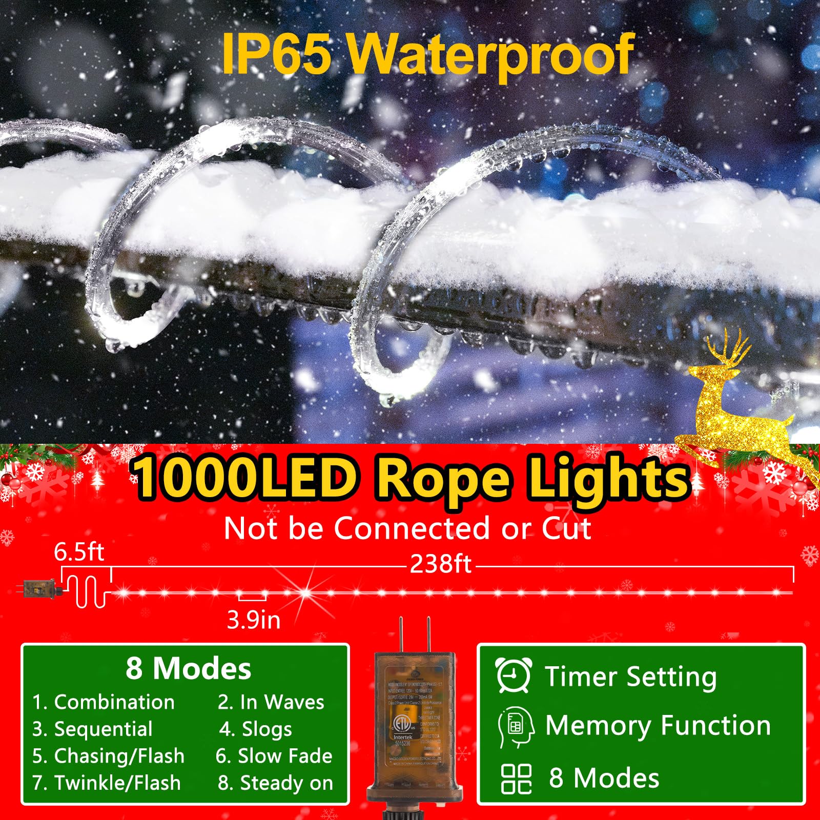 KNONEW 164FT 1000LED Outdoor Rope Lights, Waterproof Clear Tube Light, Cold White, 8 Modes for Indoor & Outdoor Decoration