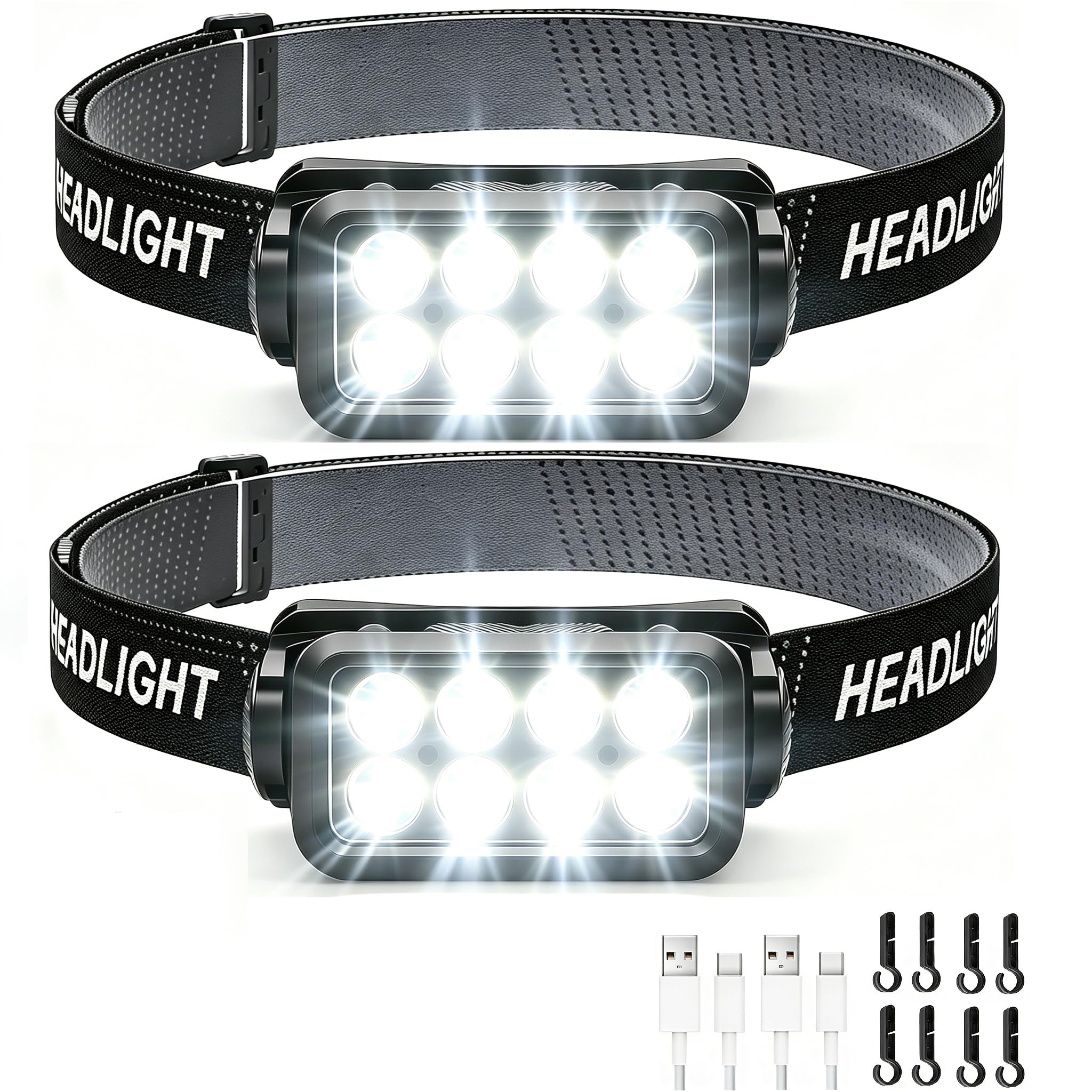 Whdurkd 2 Packs LED Rechargeable Headlamp, Motion Sensor 5 Modes White Light Headlight USB C Head Lamp for Hiking, Running, Repa