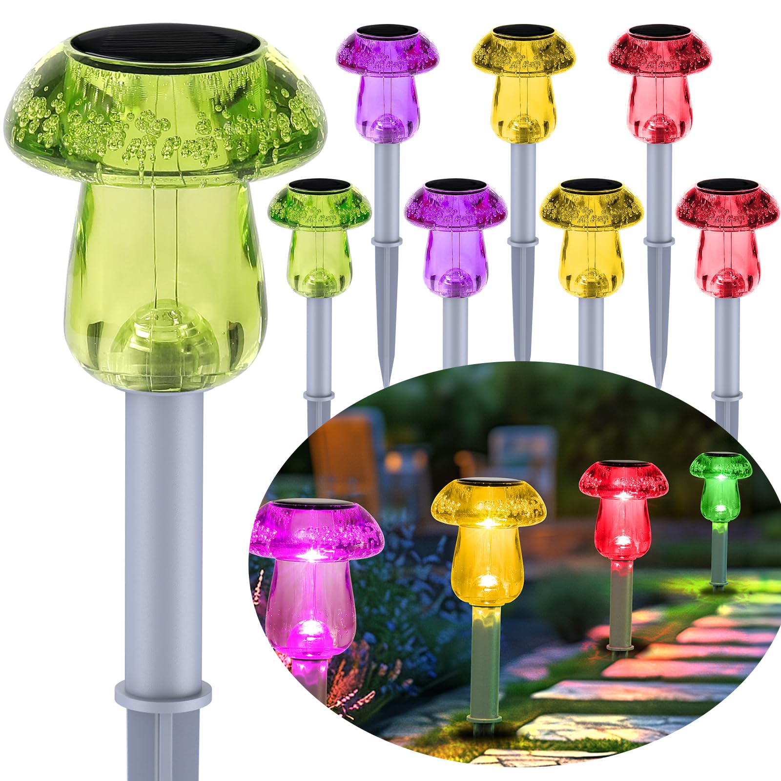 Benany Solar Powered LED Mushroom Lights, 8 Pack, Waterproof for Garden, Multicolor, Model MU001