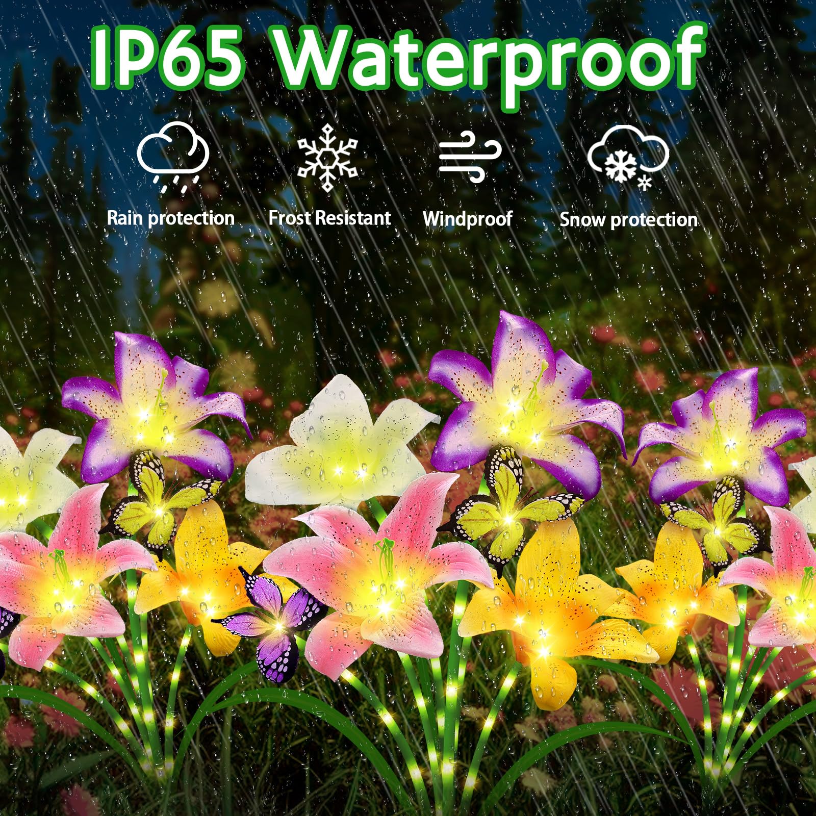 Angmln Solar Garden Lights 2 Pack 8 Lily Flowers With Butterfly Decor, Waterproof Solar Flower Lights For Outdoor - Upgraded Dec