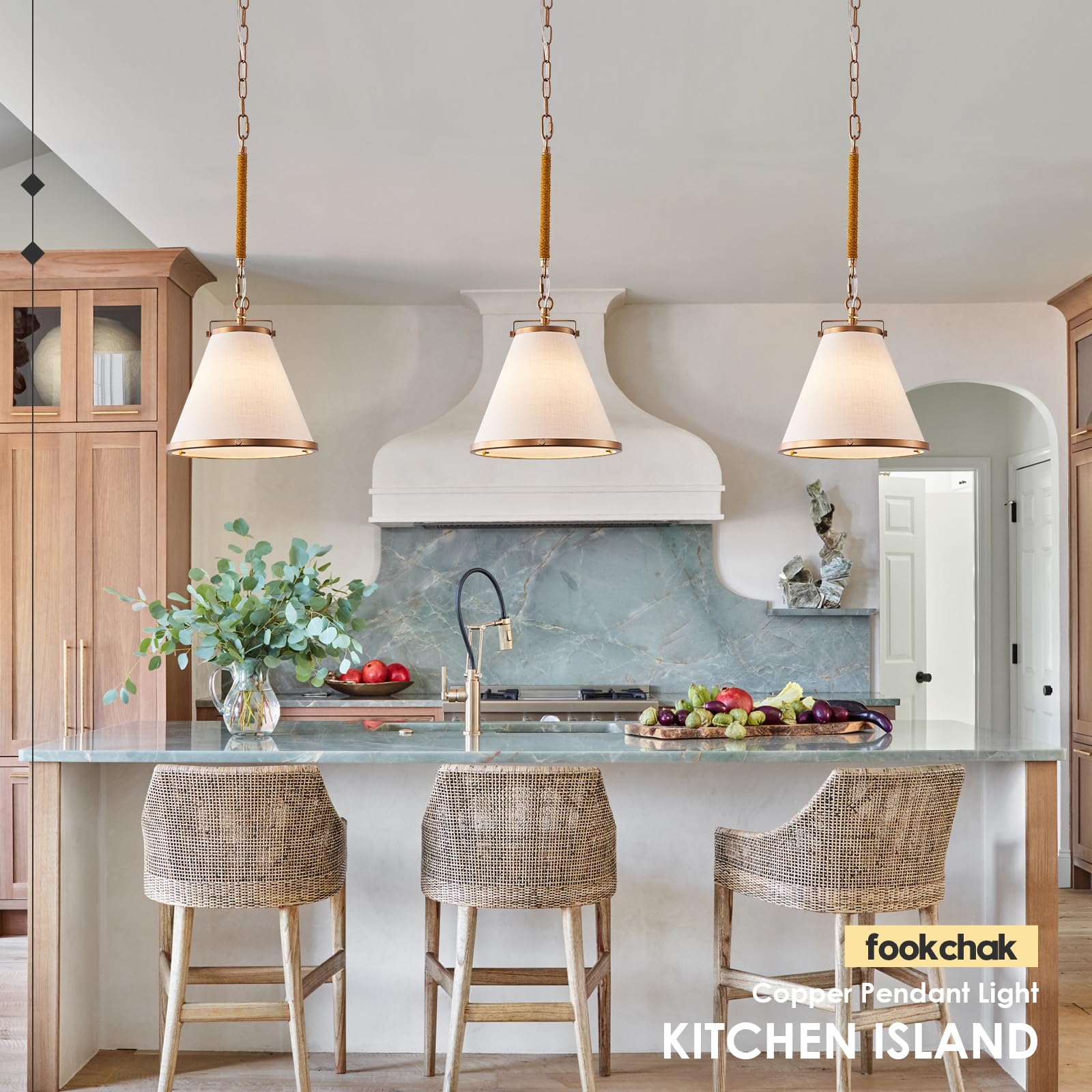 Fookchak 3-Pack Vintage Brass Kitchen Pendant Lighting Over Island White Linen Pendant Light 10In Copper Pendant Lighting With Hemp Rope Rod Entryway Ceiling Hanging Light For Dining Room