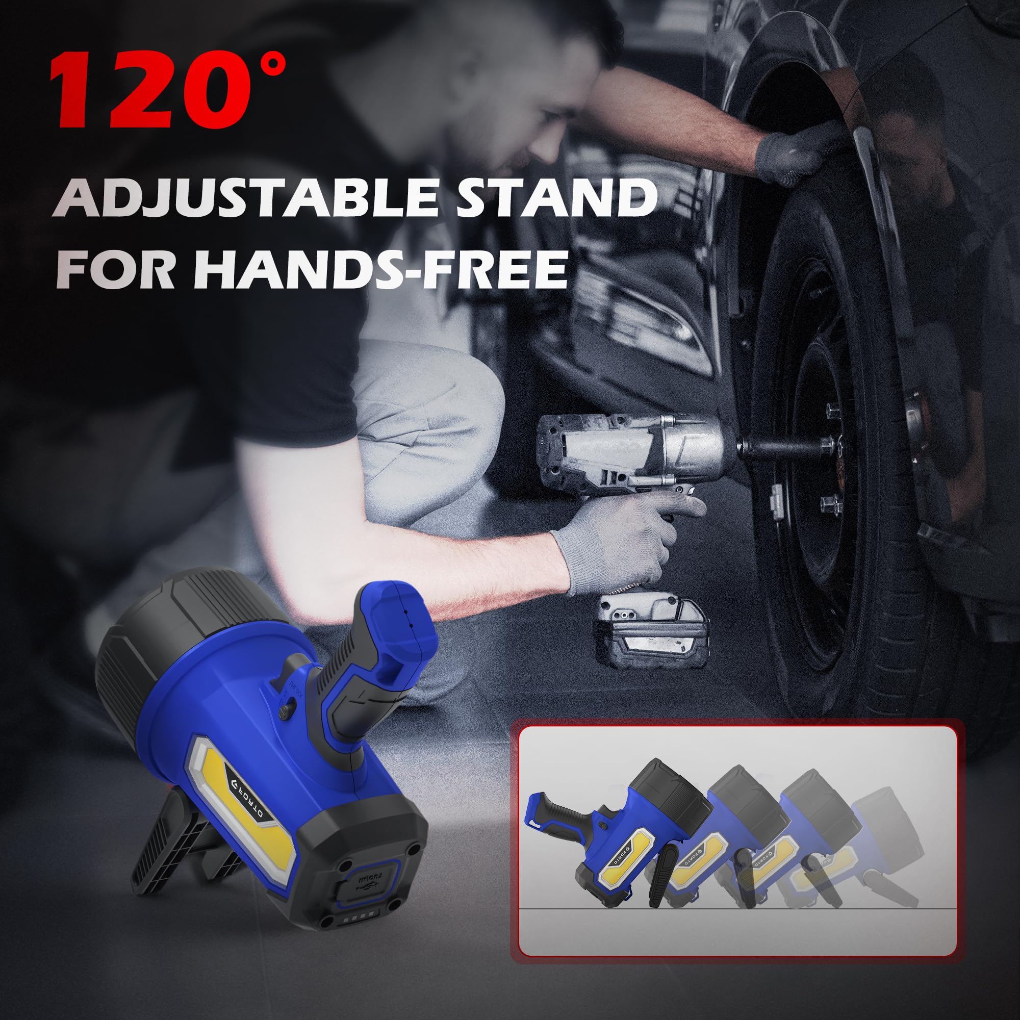 FORTO Rechargeable Spotlight Flashlight, 200000 Lumens Handheld Spotlight with Foldable Stand, 6 Modes IPX7 Waterproof LED Spot