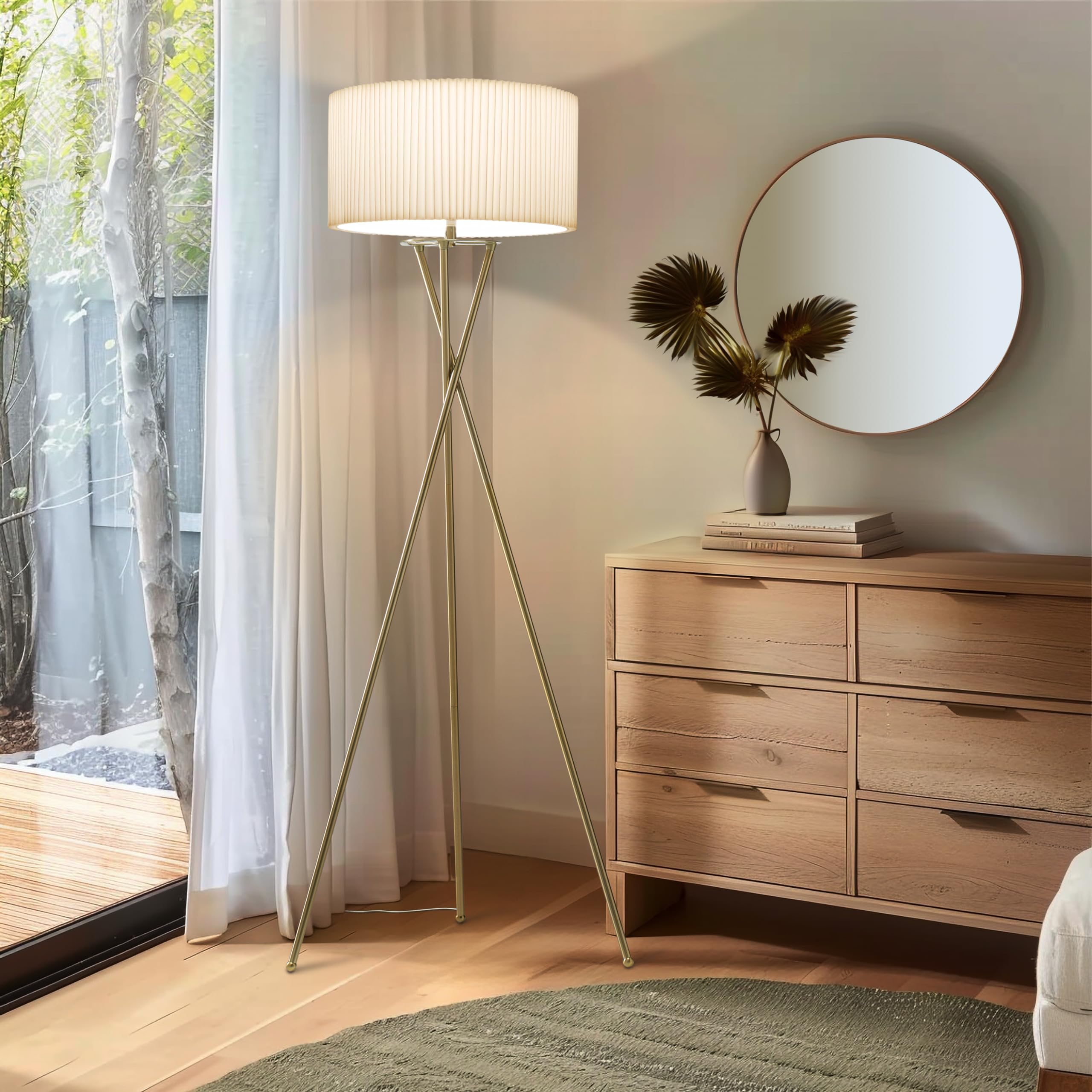 Brightech Jaxon LED Floor Lamp, Modern Brass Tripod Design, Pleated Drum Shade, Model FL-JXNPL-BRS