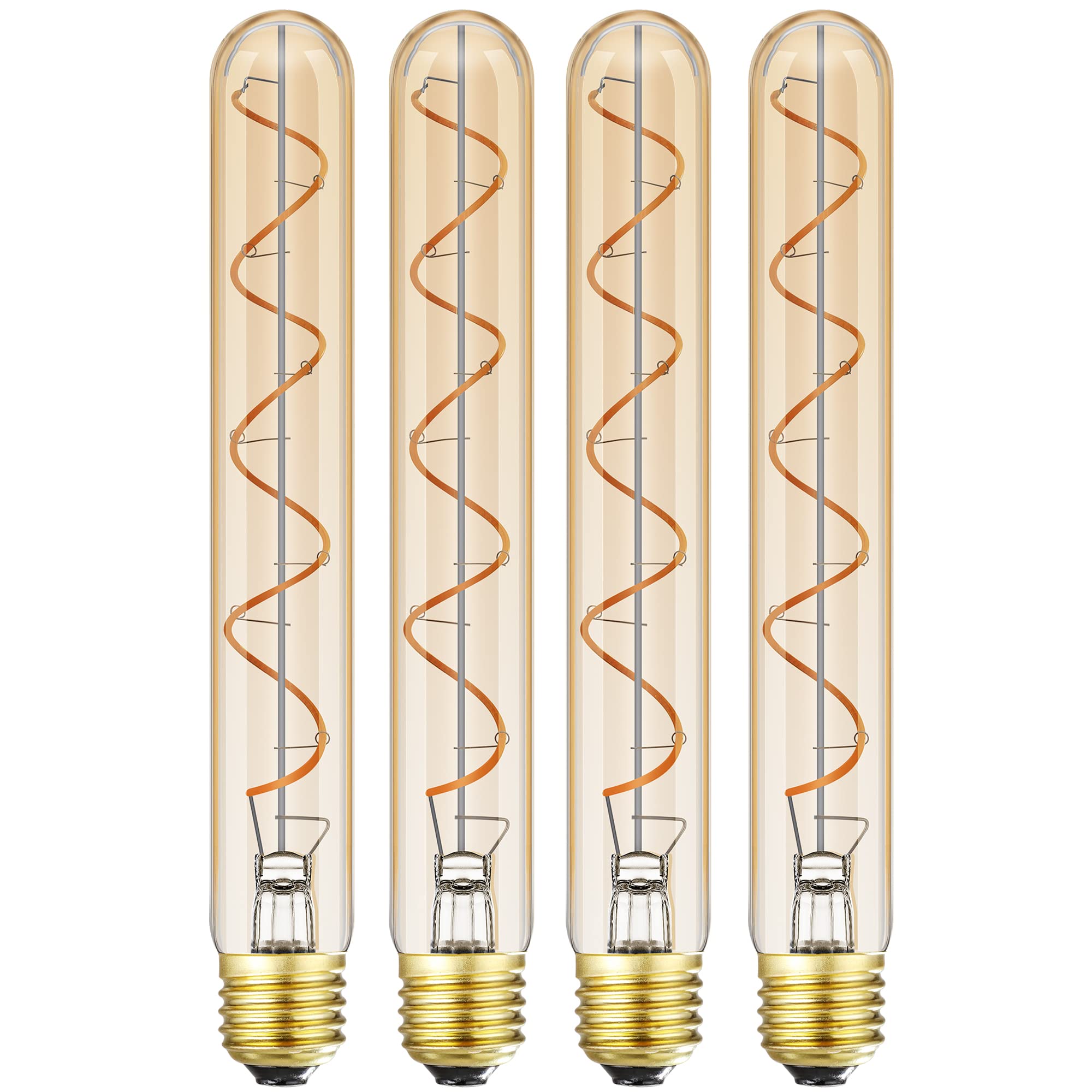 Leools Vintage LED Spiral Filament Bulb T10, Dimmable, E26 Base, Amber Glass, 4 Count, Warm White 2200K, 400LM
