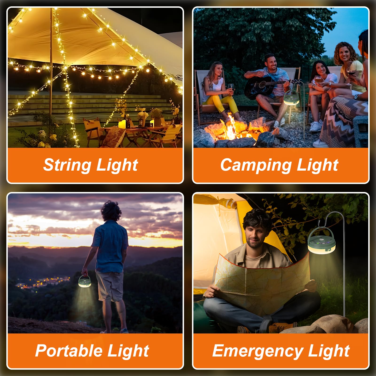 HELESIN Camping String Lights, 4-in-1 USB Rechargeable, Waterproof, 8 Modes, Deep Warmwhite, Model D-USB-YYD-1PCS