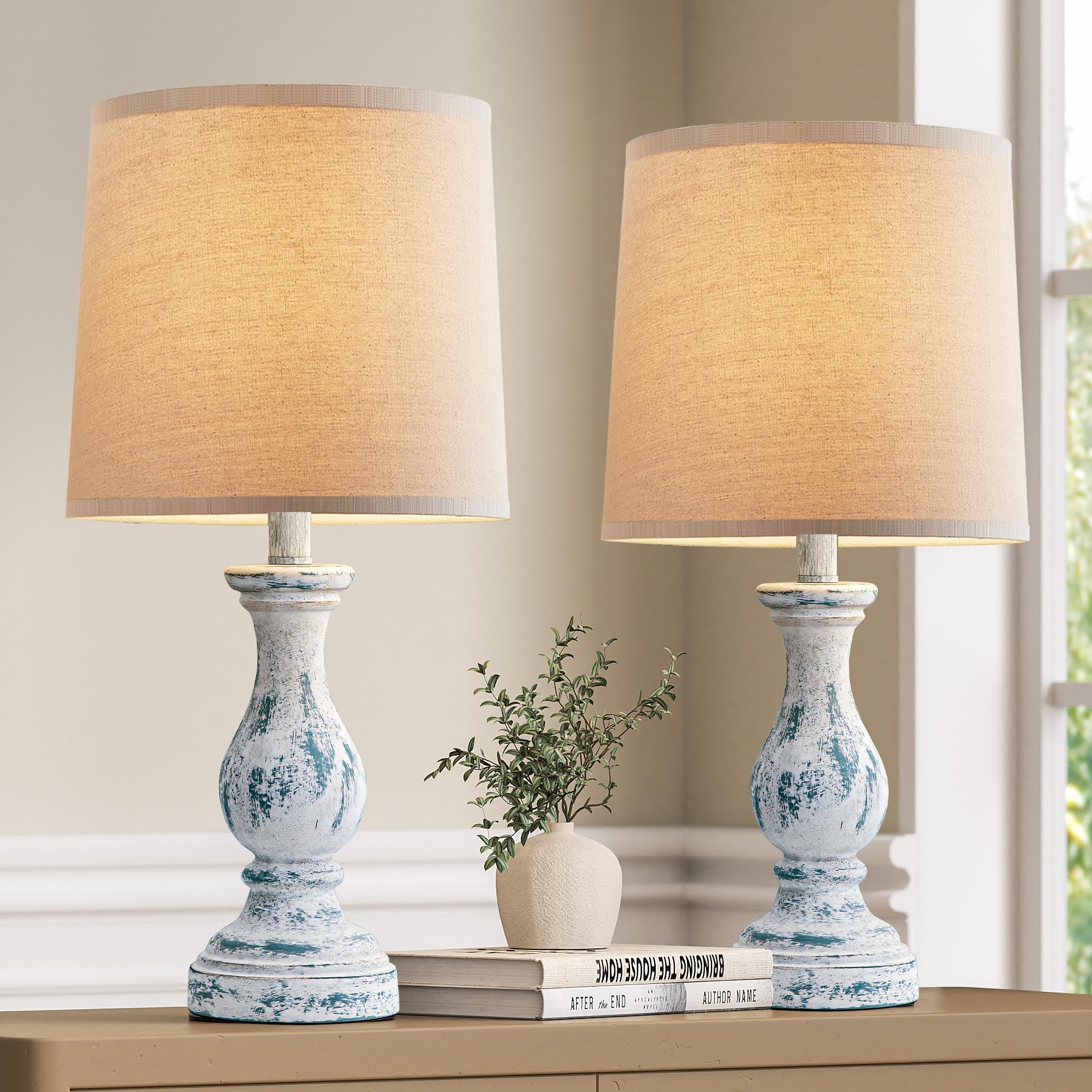 Seealle Farmhouse Table Lamps Set of 2 - Rustic Lamp for Bedroom Living Room  22 Boho Bedside Lamps for Night Stands End Table Office Desk Lamp Nightstand Clearance with Linen Shades(Washed Blue)