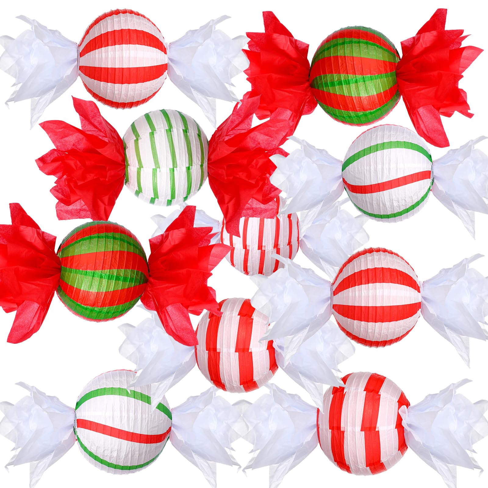 Riakrum 12 Pcs Christmas Candy Paper Lanterns 10 Inch Red Green White Christmas Hanging Paper Lantern Decorations Craft Sets for