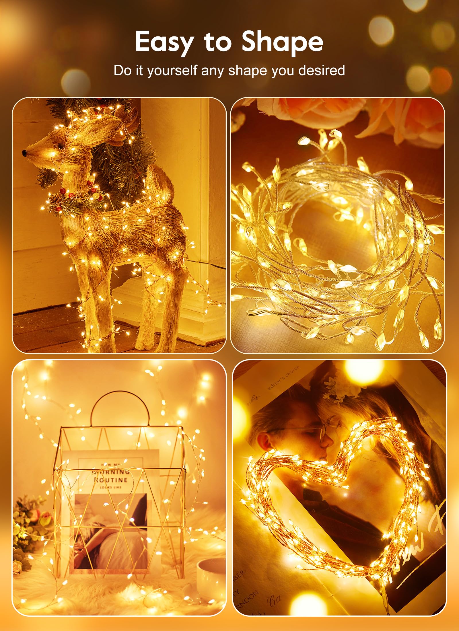 Fairy Lights 5Ft 100Leds Usb Twinkle String Lights Plug In Silver Wire With Remote And Timer, 8 Mode Waterproof Firecracker Starry Lights Wreath Diy Party Wedding Christmas Decoration, Warm White