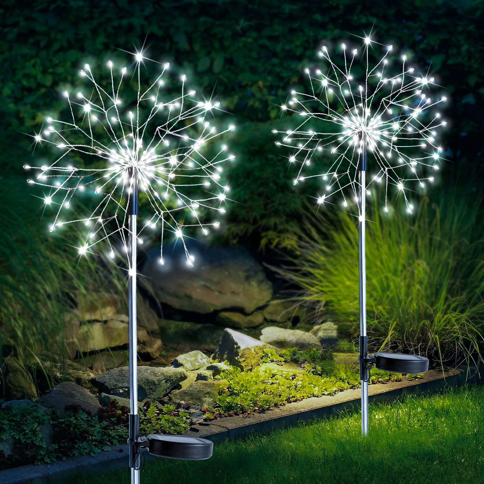 SUDDUS Solar Garden Lights, 150LED Firework Lights, 2 Pack, Waterproof, White
