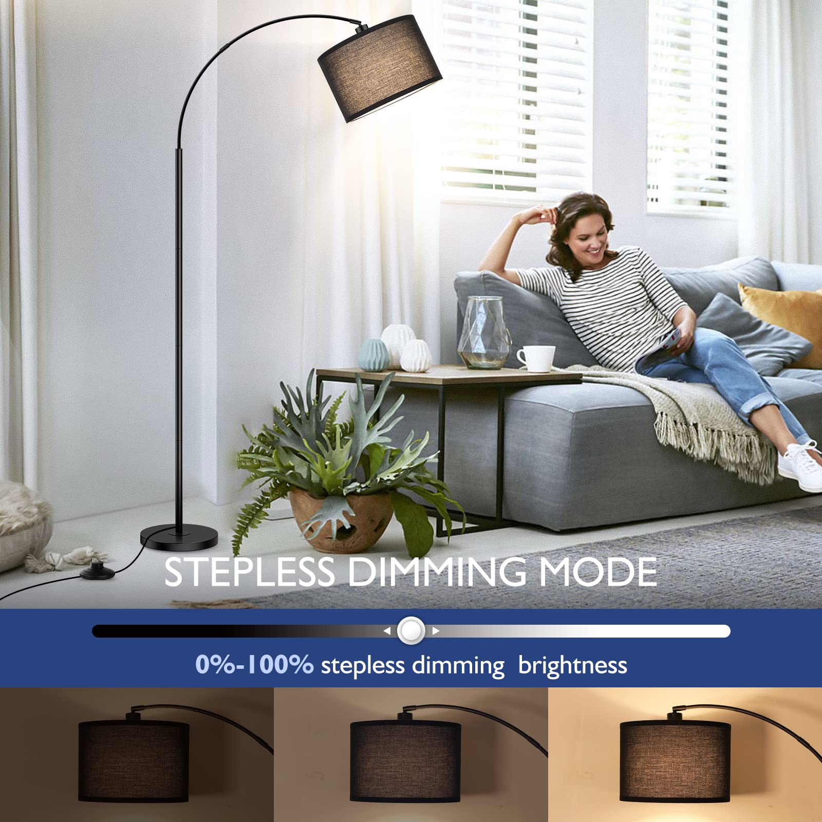 Arc Floor Lamps For Living Room, Modern Remote Control Standing Lamp With Stepless Dimmable, Black Tall Lamp With Black Drum Sha