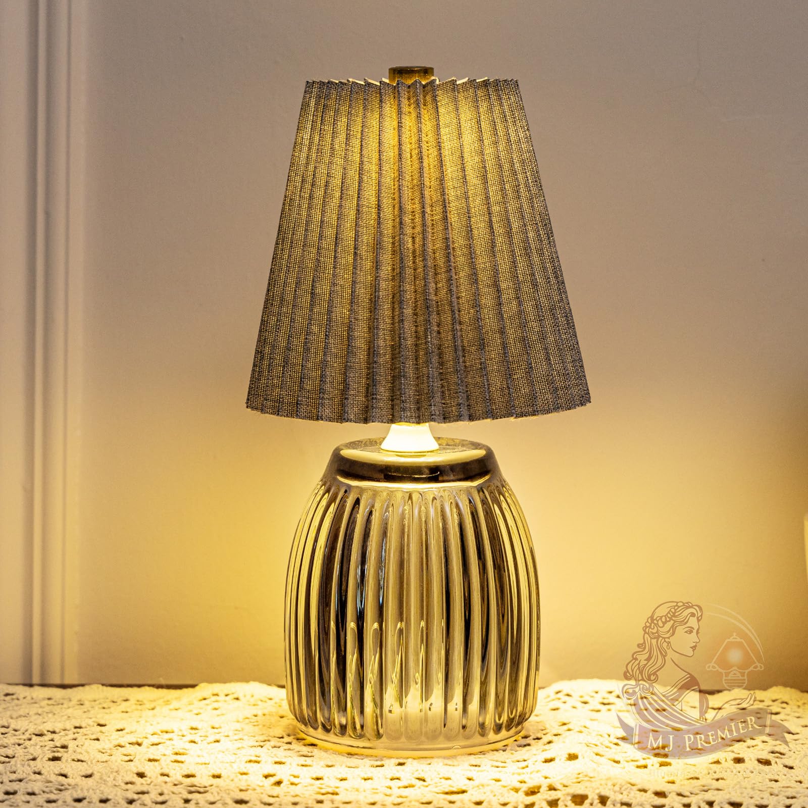 MJ PREMIER Small Battery Operated Lamp Cordless Lamp with Timer Pleated Lamps for Shelf Decor 8.7 inch High Battery Powered Lamp