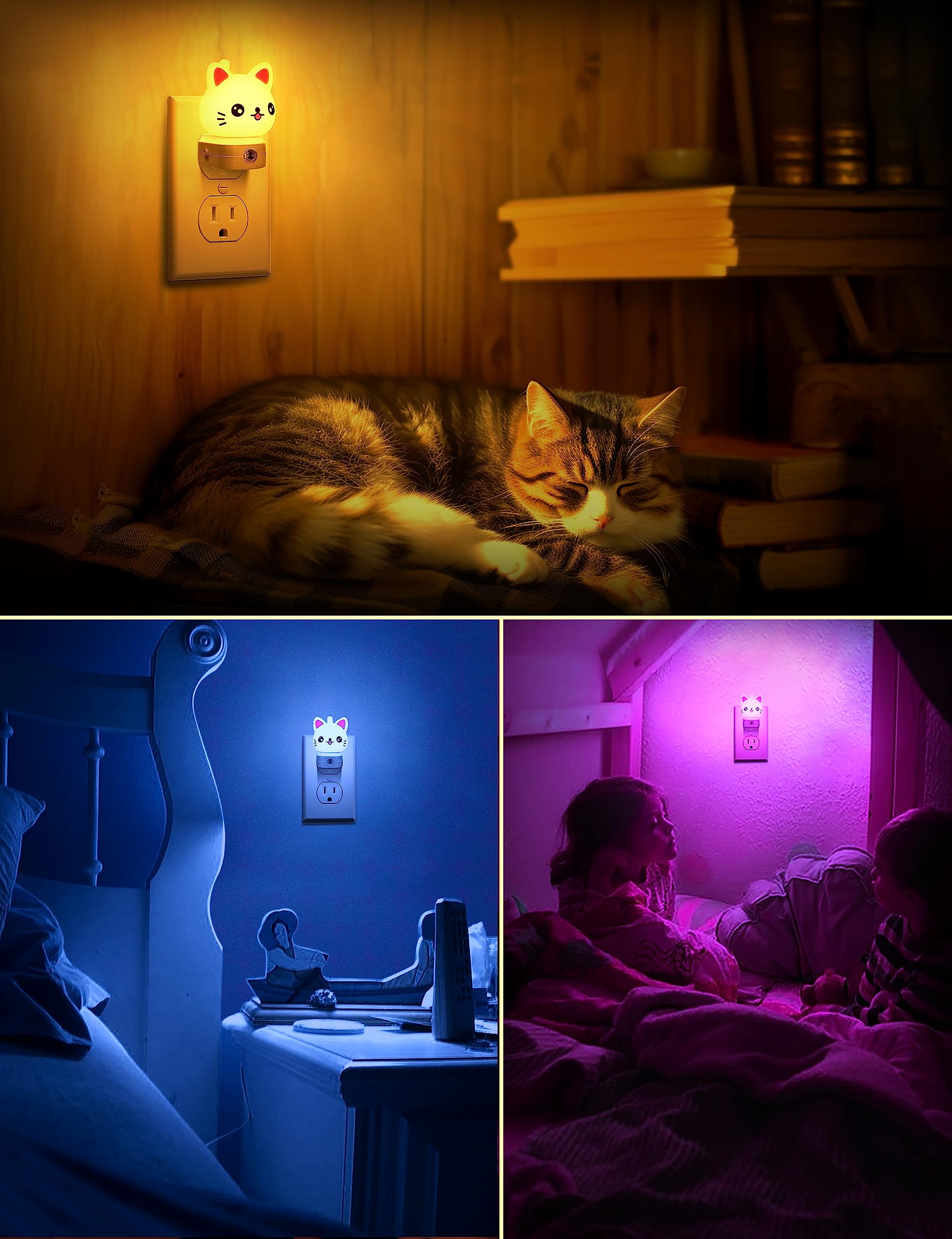 Cat Night Lights Plug Into Wall [2 Pack], Cute Night Light For Kids, 8-Color Rgb Led Night Light, Nightlight With Dusk To Dawn S