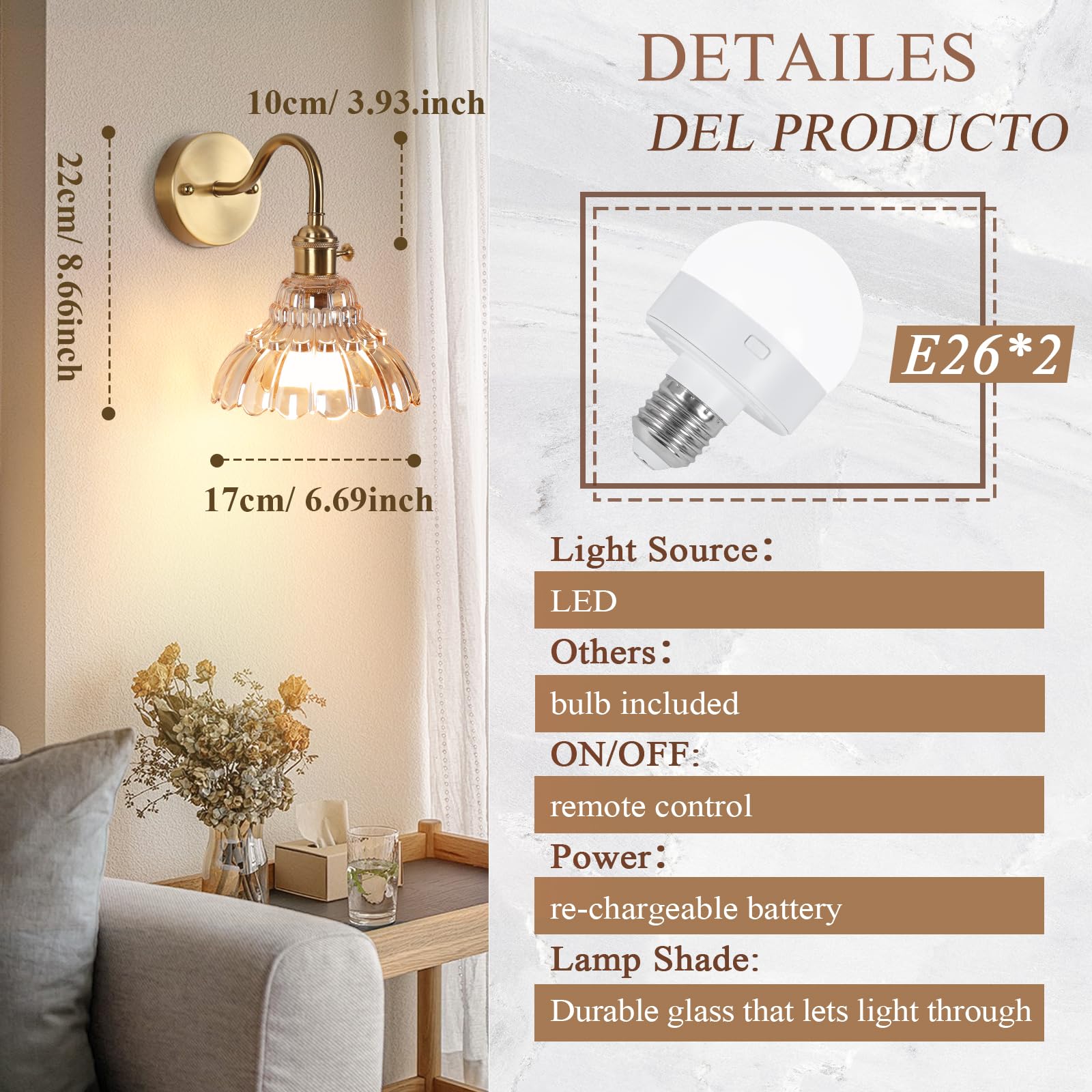 EIDEARAY Vintage Battery Operated Wall Sconces, Rechargeable RGB Lamps, Dimmable Remote Control, Flower Amber, Set of Two, Model YLC-BRO3TB