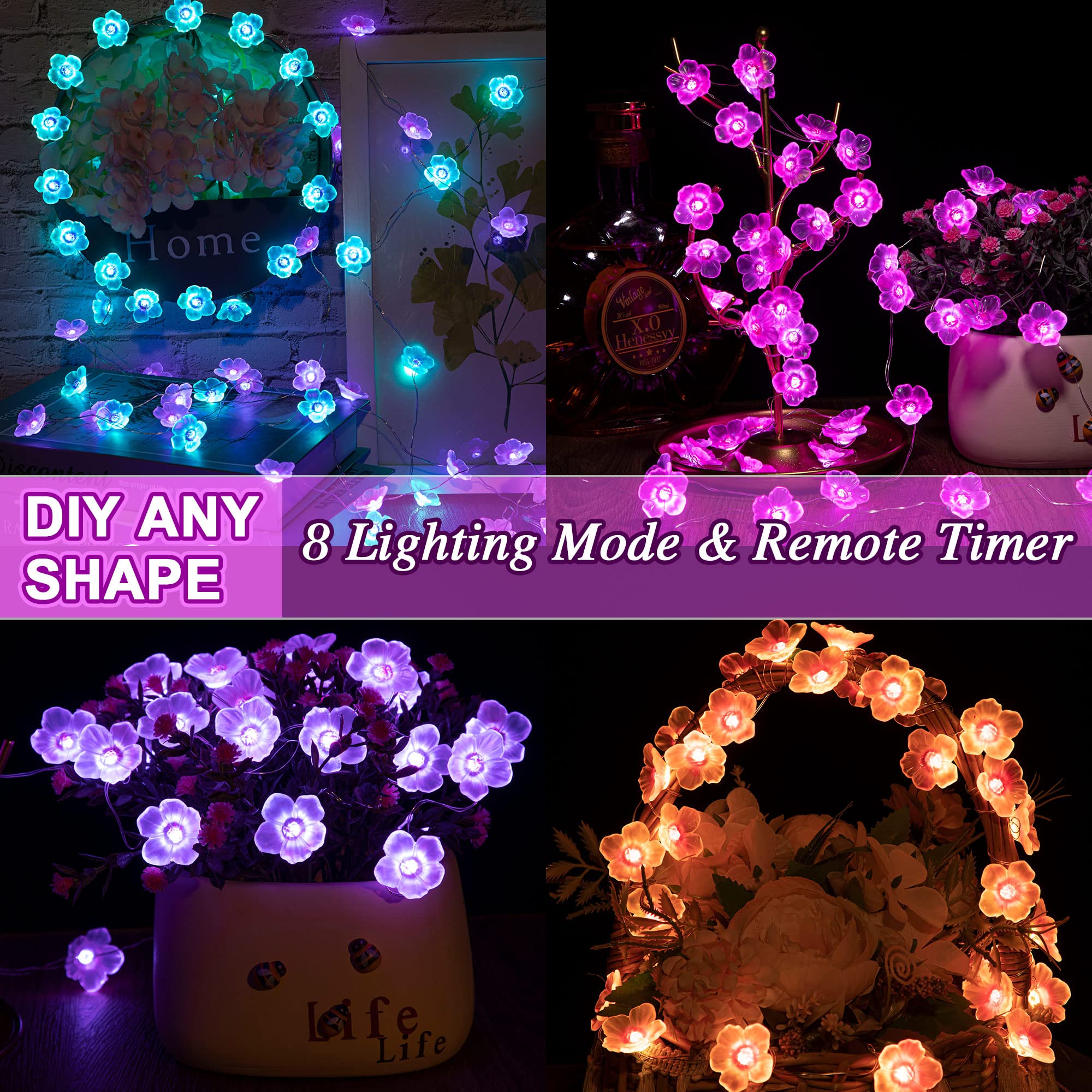 Mudder 16 Colors Cherry Blossom Decor Flower String Lights, Fairy Pink Light String With Timer 13 Ft 40 Leds Usb Battery Operated Fairy Lights For Bedroom Indoor Outdoor Wedding Valentines Day(2 Pcs)