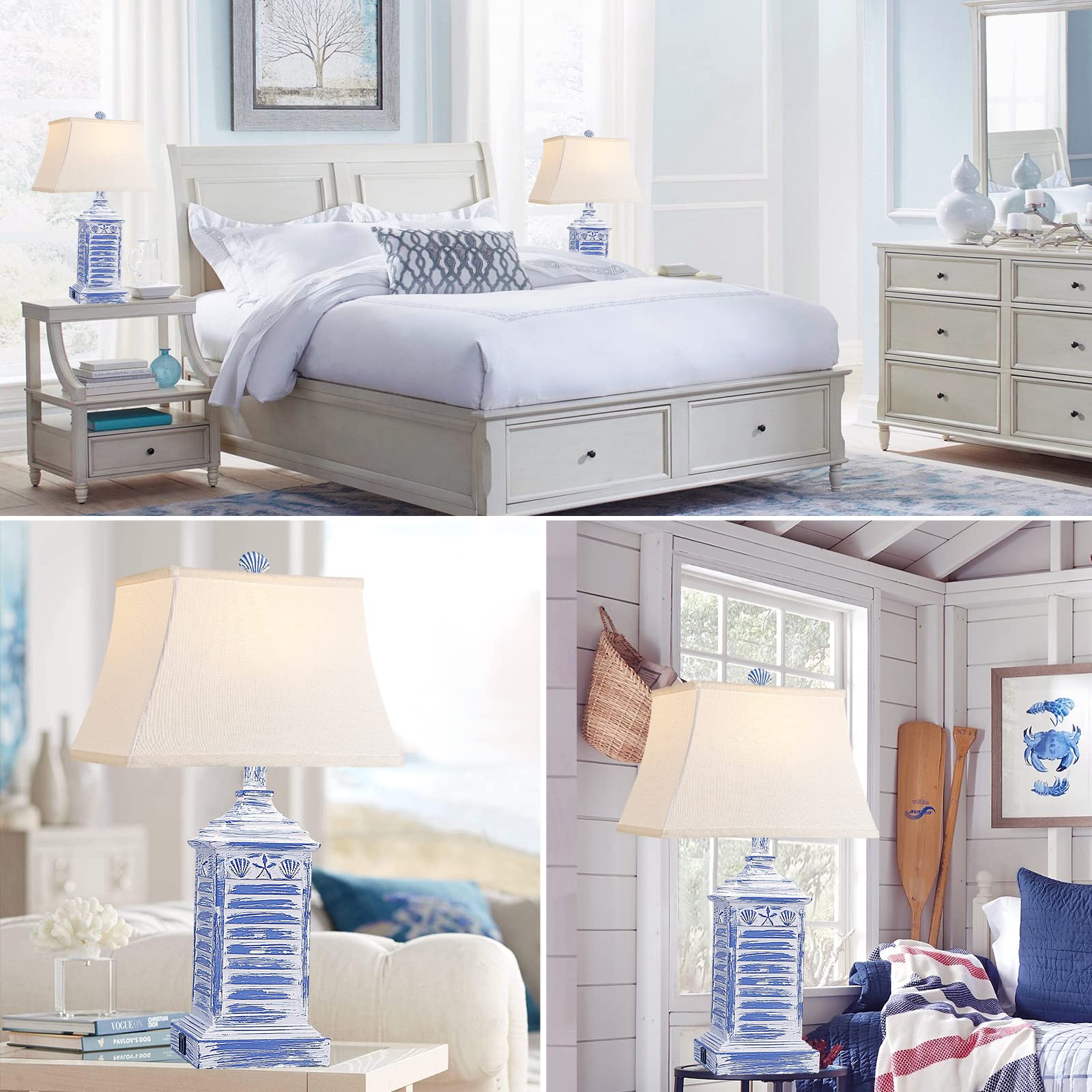 Hamucd Coastal Table Lamps Set of 2, Blue Resin, USB Ports, AC Outlet, Farmhouse Style, Model HMLP278AL2
