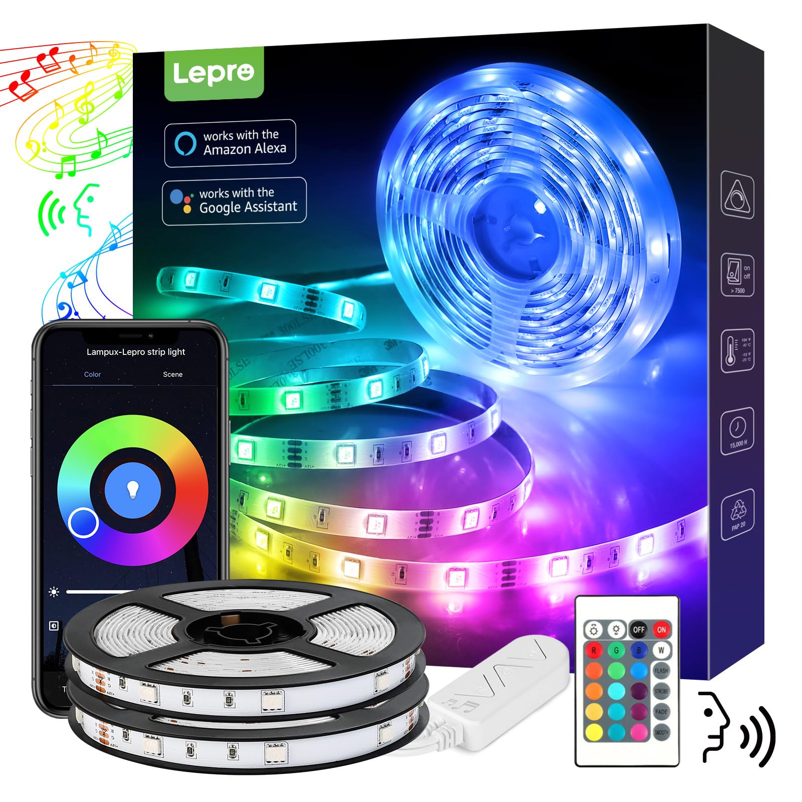 Lepro LED Strip Lights, Smart Light Strips with App Control, 32.8ft, RGB Multicolor, Model PR904119-RGB-US