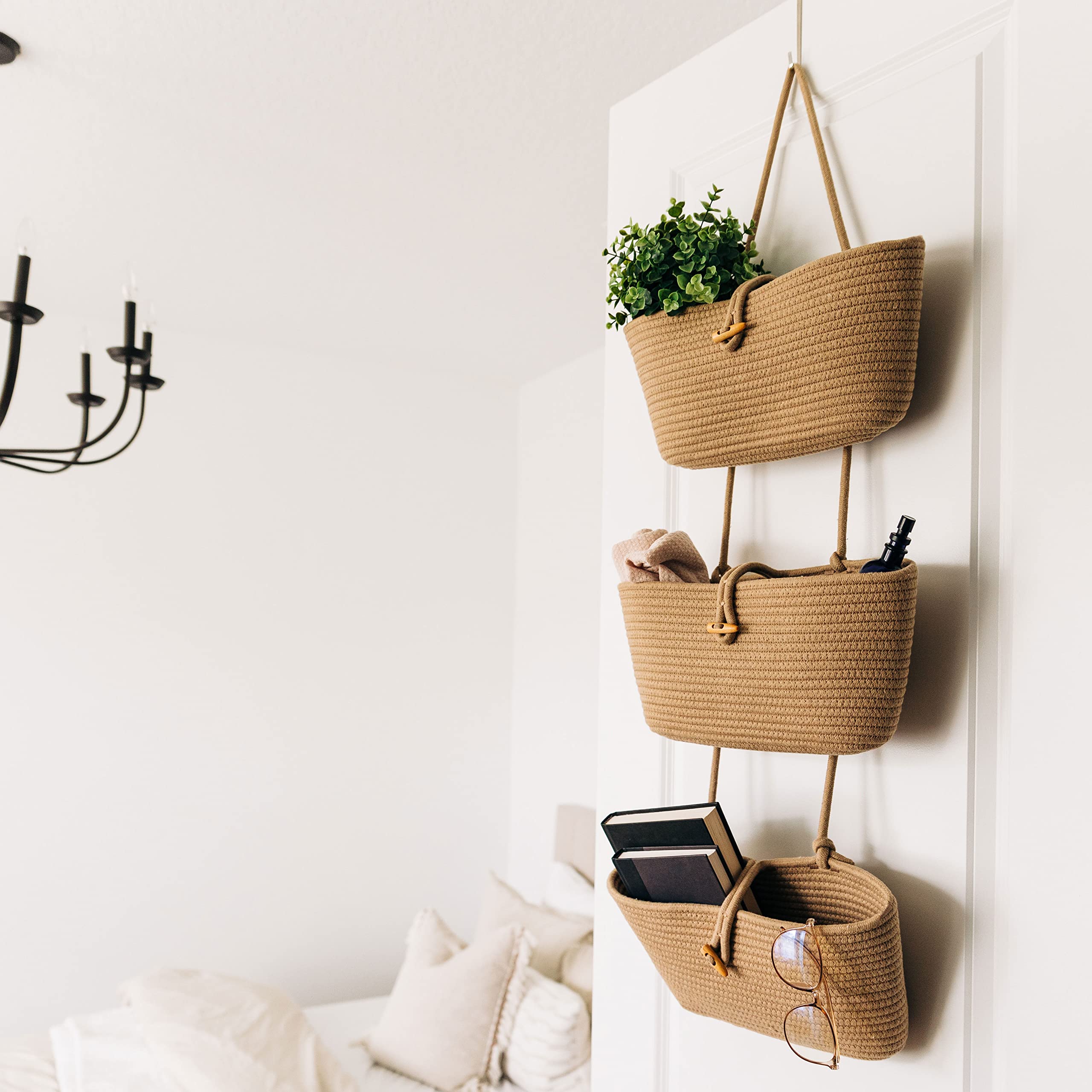 Organihaus Woven Hanging Baskets For Organizing | 3-Tier Wall Basket Storage Boho Nursery Closet Organizer Mounted Over The Door