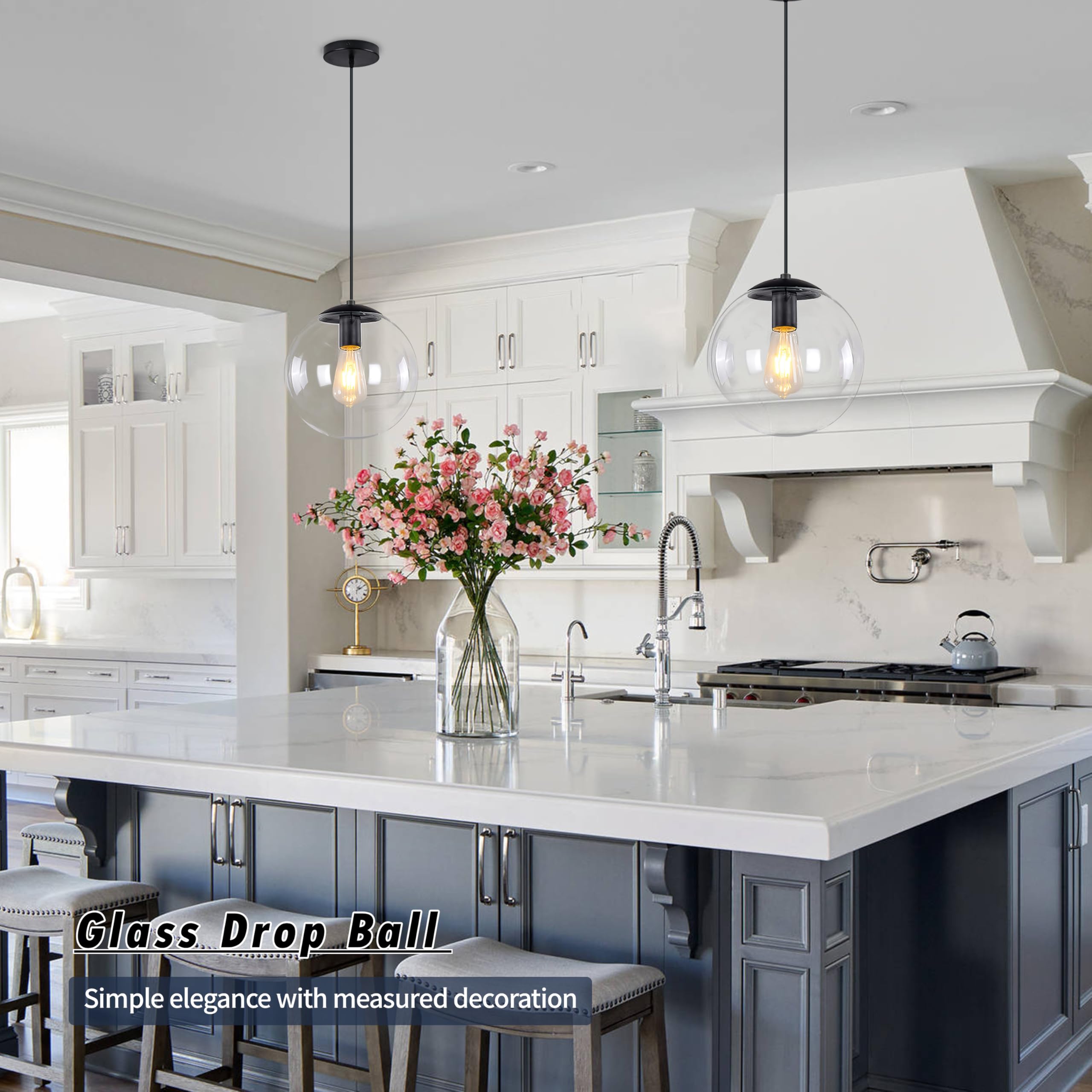 Koko&Yukina 10&quot; Black Globe Pendant Light, Adjustable Mid Century Fixture With Clear Glass Shade