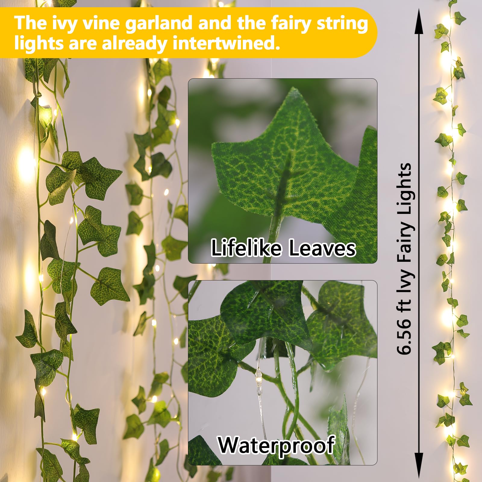 JOLAIQIAN Battery Operated LED Vines with Lights, 6.56ft, 20 Fairy Lights, Green Ivy, 8 Modes, Room and Party Decor, 1 Pack