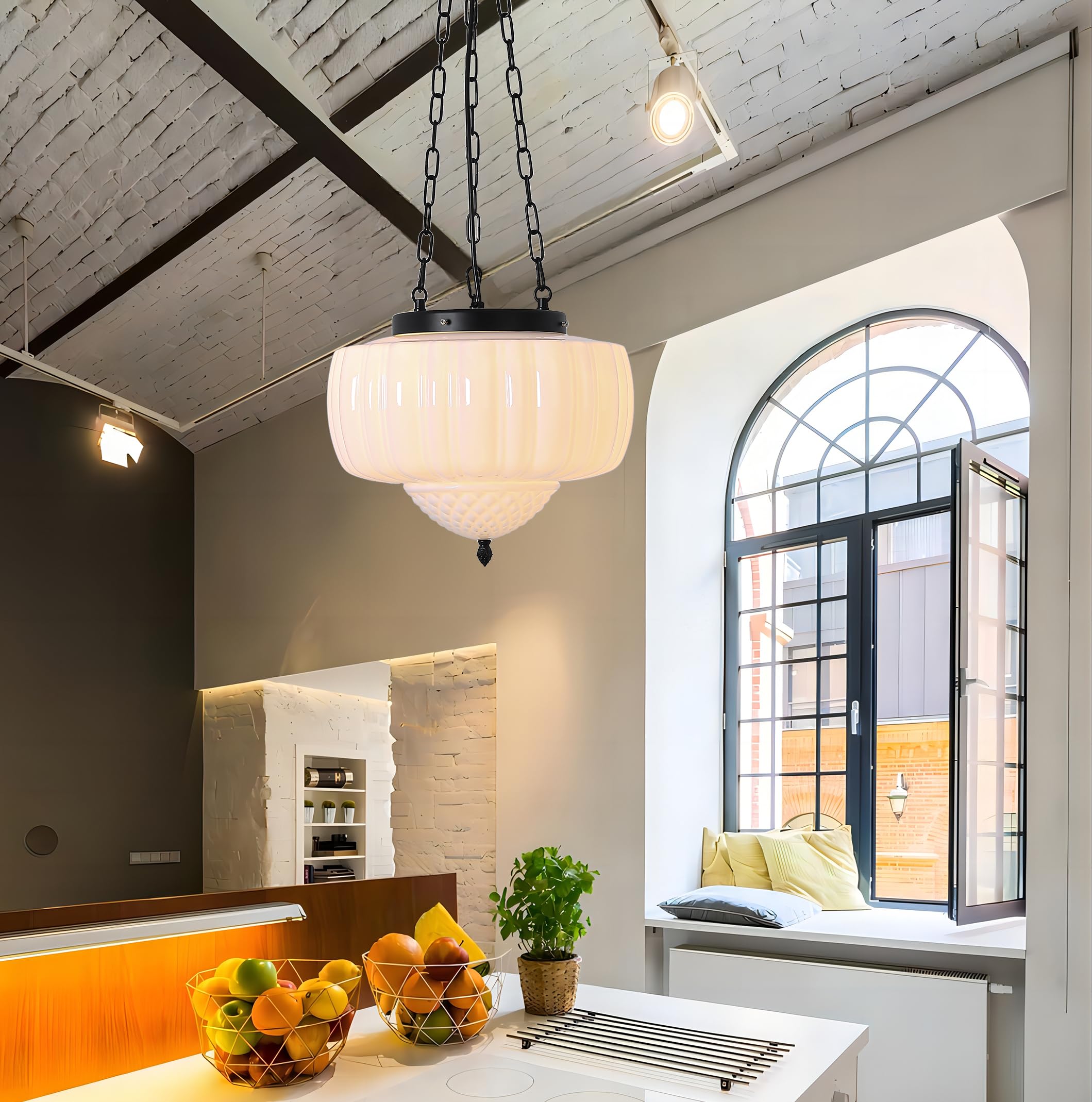 Fctwaks Large Milk Glass Pendant Light, 14'' Mid Century Modern Schoolhouse Ceiling Light Fixture, Vintage Chandelier For Bedroo