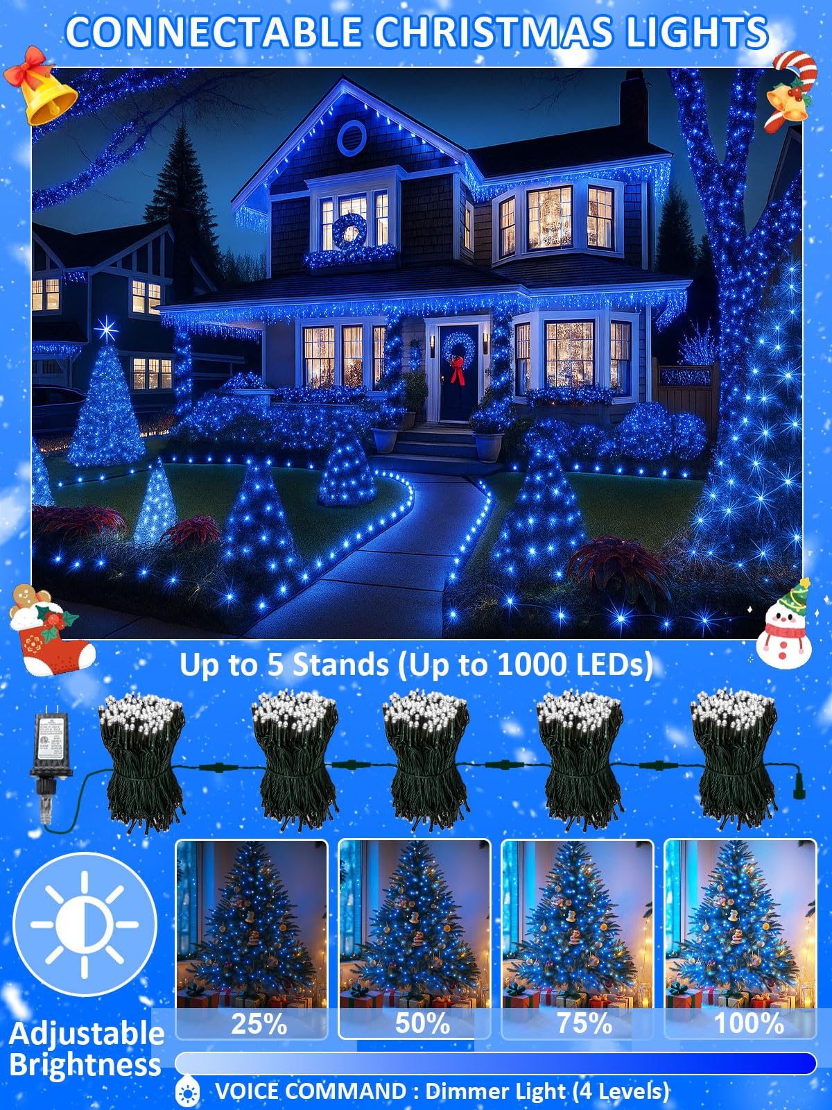 Voice Controlled Smart Christmas Lights Outdoor  75.8Ft 200 Led Extendable String Lights With 7 Voice Commands  12 Modes & Timer  Waterproof Christmas Decorations For Party Tree Garden (Blue)