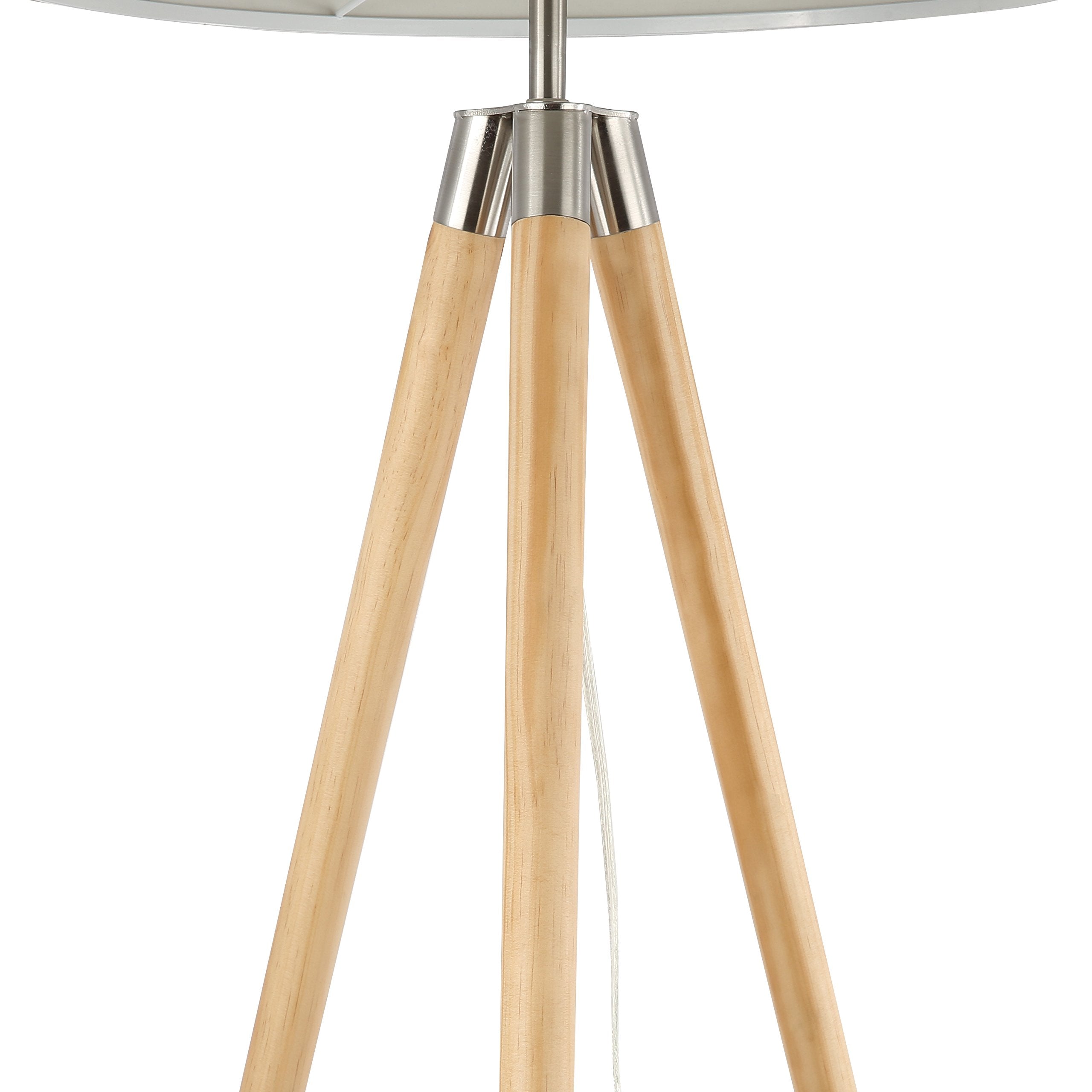 Light Society Celeste Tripod Floor Lamp, Natural Wood Legs with Satin Nickel Finish and White Fabric Shade, Mid Century Contempo