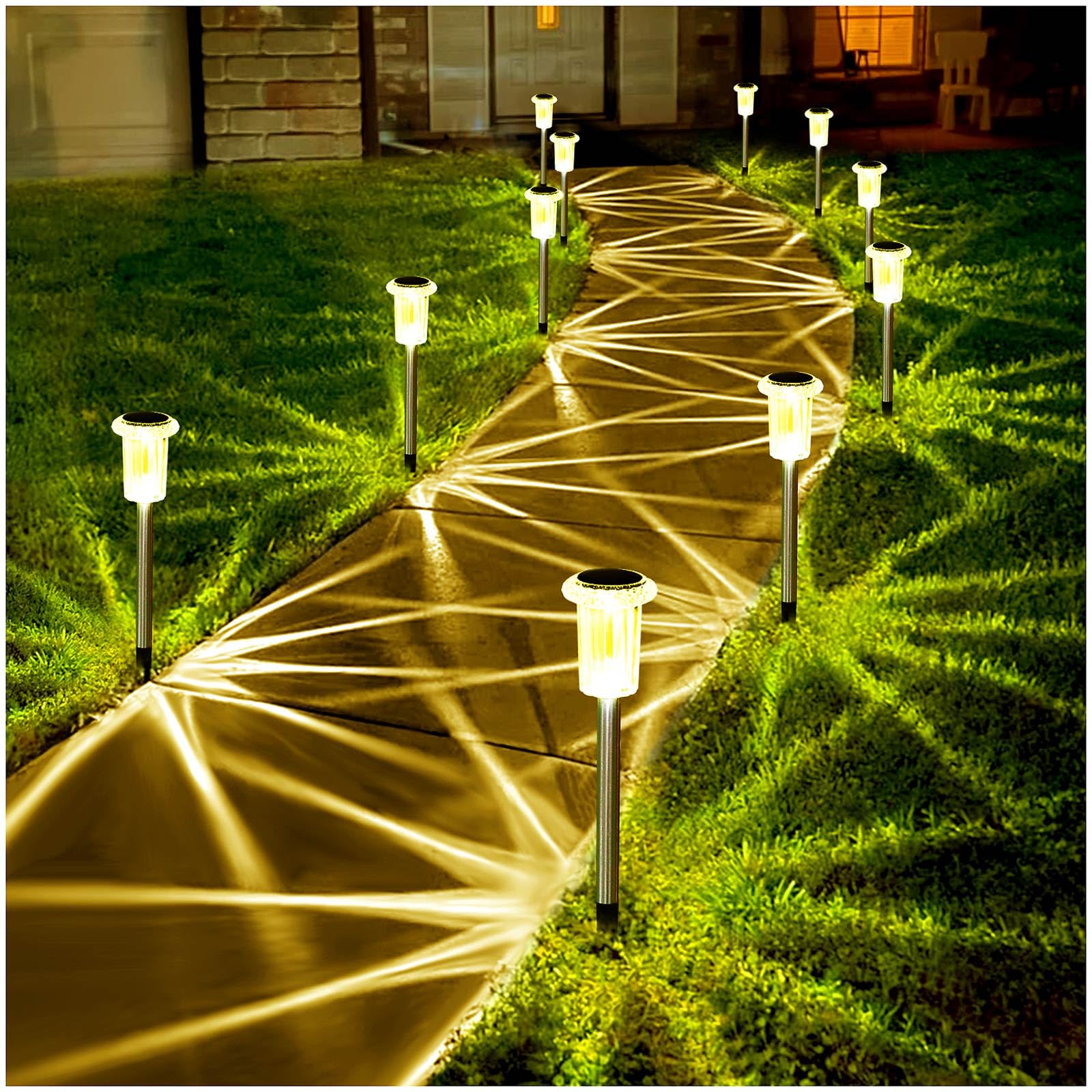 Gorrzai 10 Pack Solar Outdoor Lights, Led Waterproof Stainless Steel Garden Pathway Lighting, Warm White