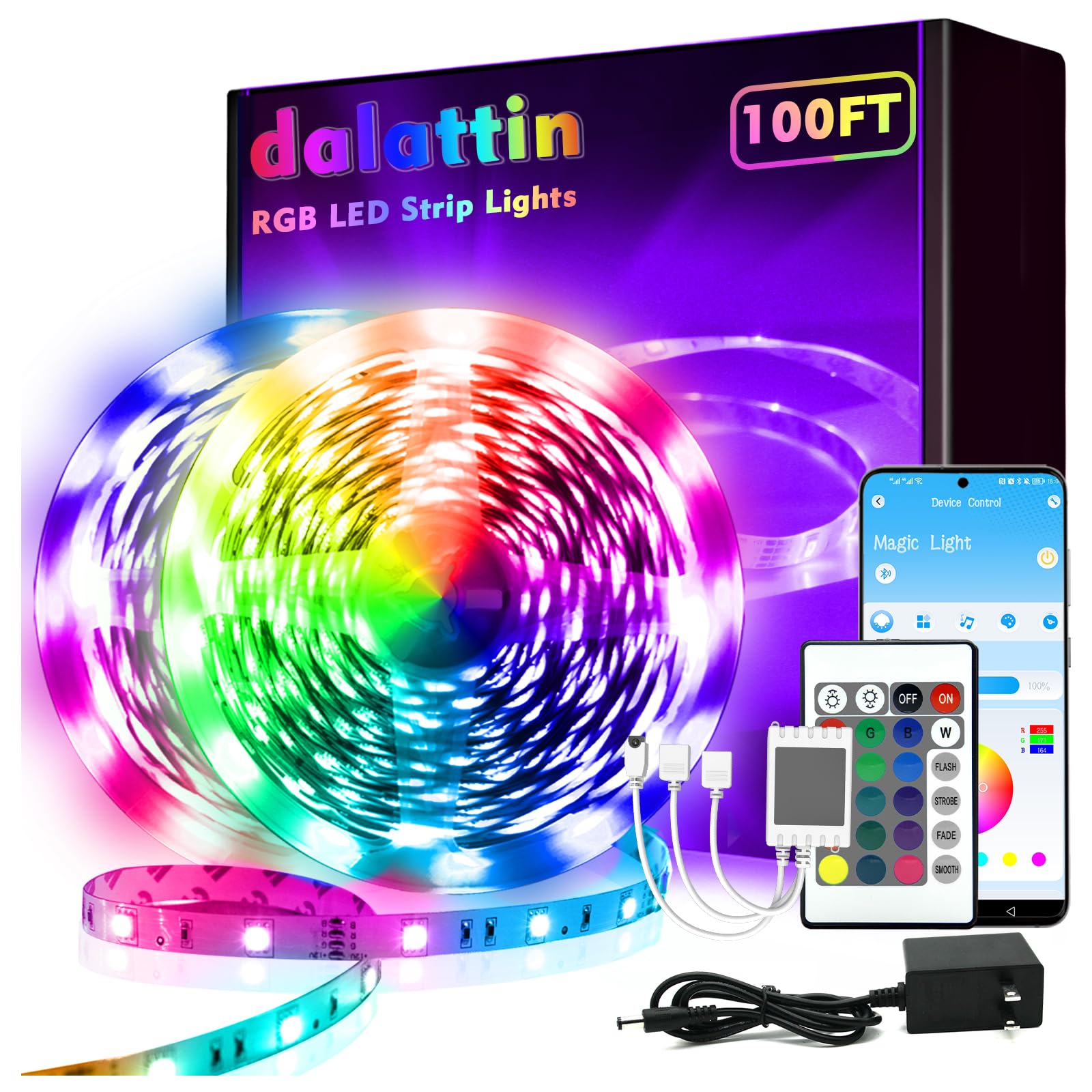 dalattin 100ft Led Strip Lights (2 roll of 50ft), Bluetooth+IR Led Lights for Bedroom, RGB Color Changing Led Lights, Smart APP 