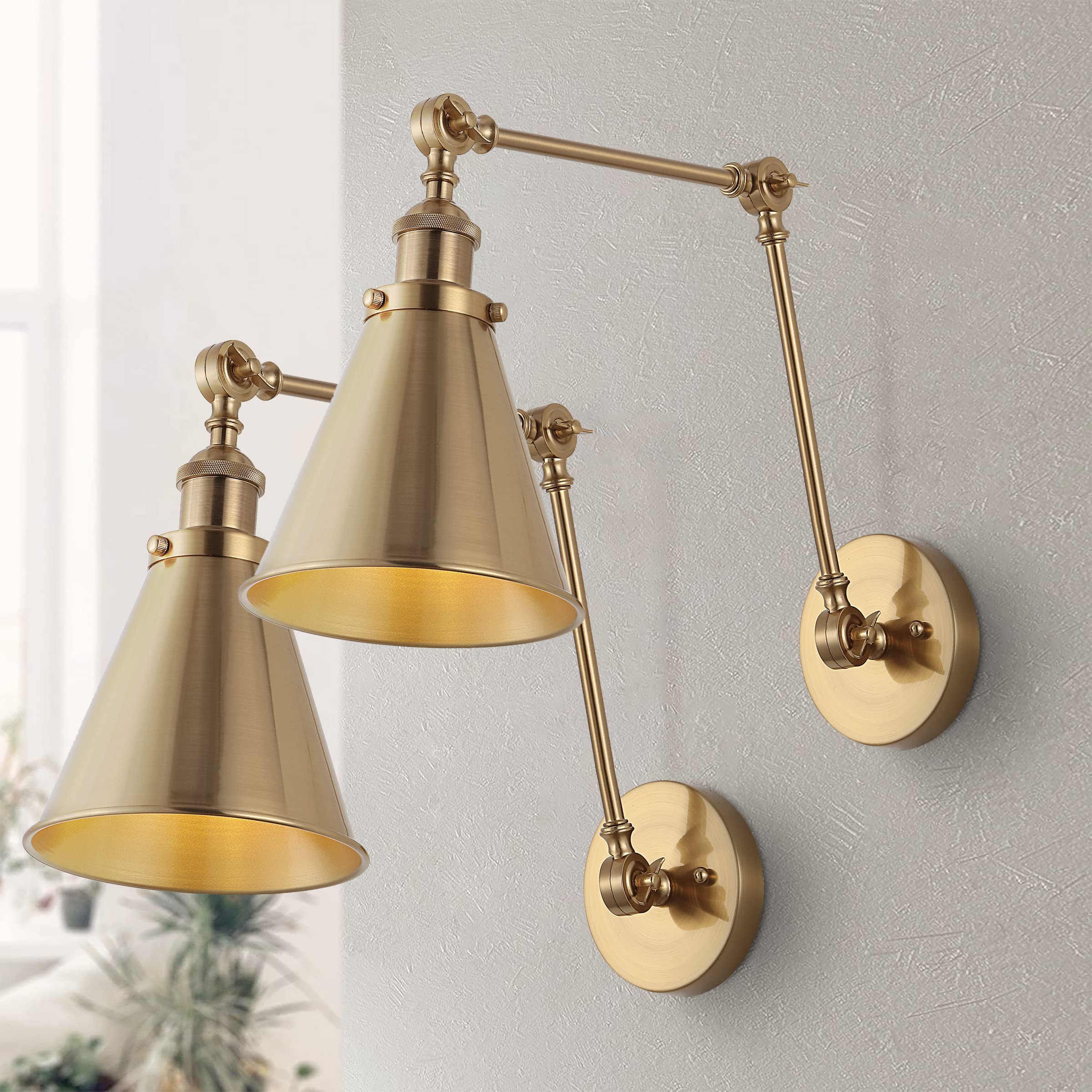 JONATHAN Y Metal Wall Sconce, Adjustable Arm, 2700K LED Bulb, Set of 2, Brass Gold, Model JYL7461A-SET2