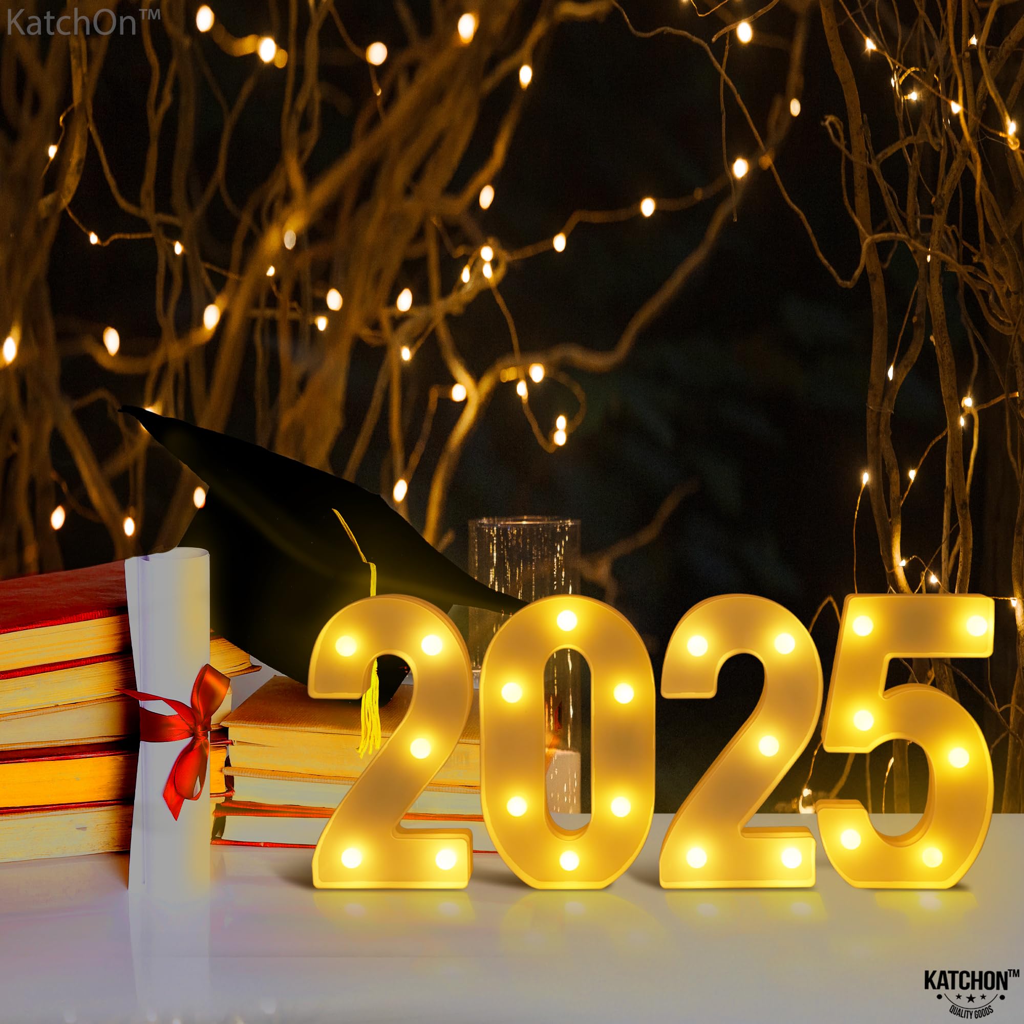 KatchOn LED Light Up Numbers 2025 Sign | 8.2 Inch Graduation Decoration | 2024 Light Color | Model KA-N24-PL-GD-HNYLGT