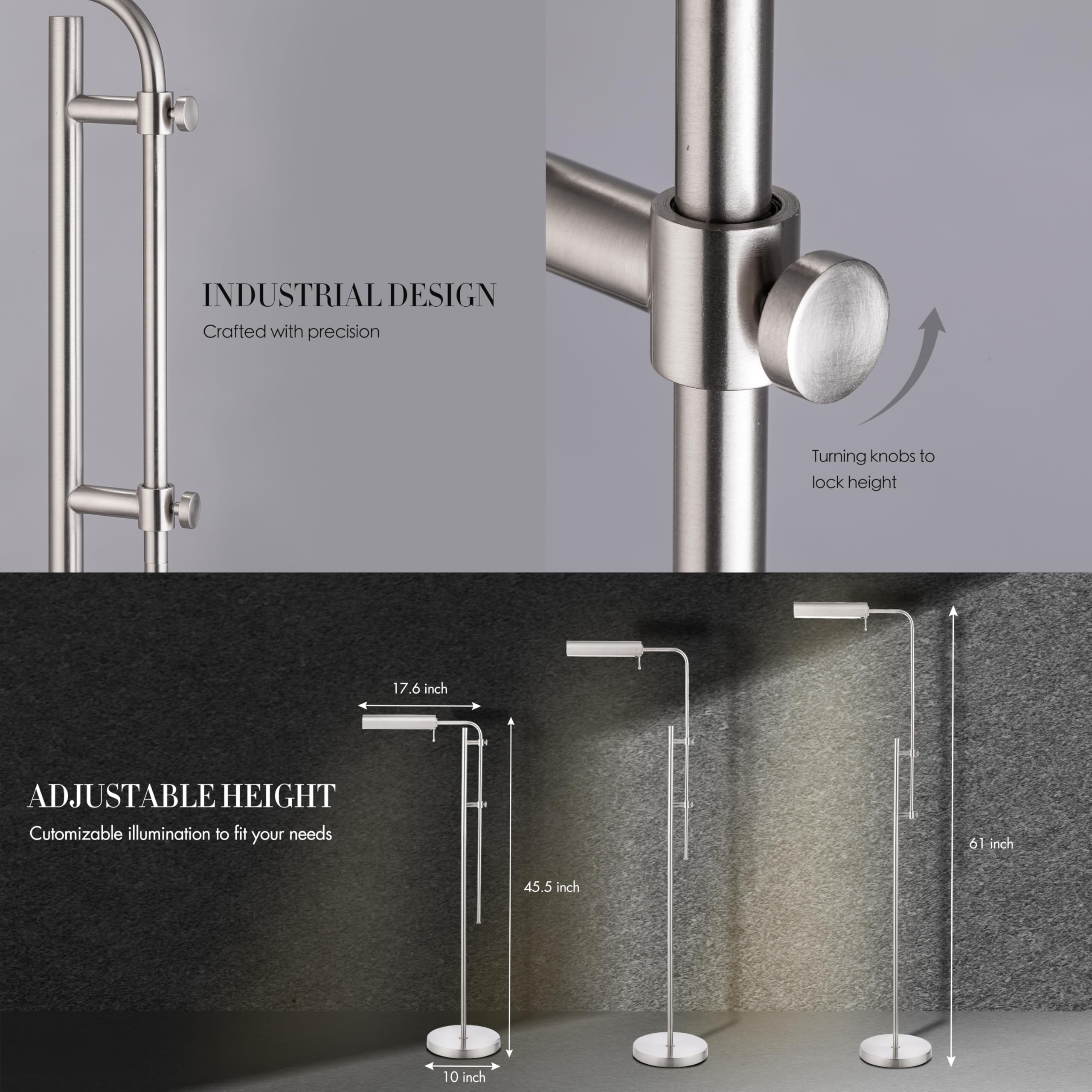 OBright Cedric Adjustable Floor Lamp - 10W LED, Height 45-61 inches, Brushed Nickel, Industrial Design, Model OBE-FL25H