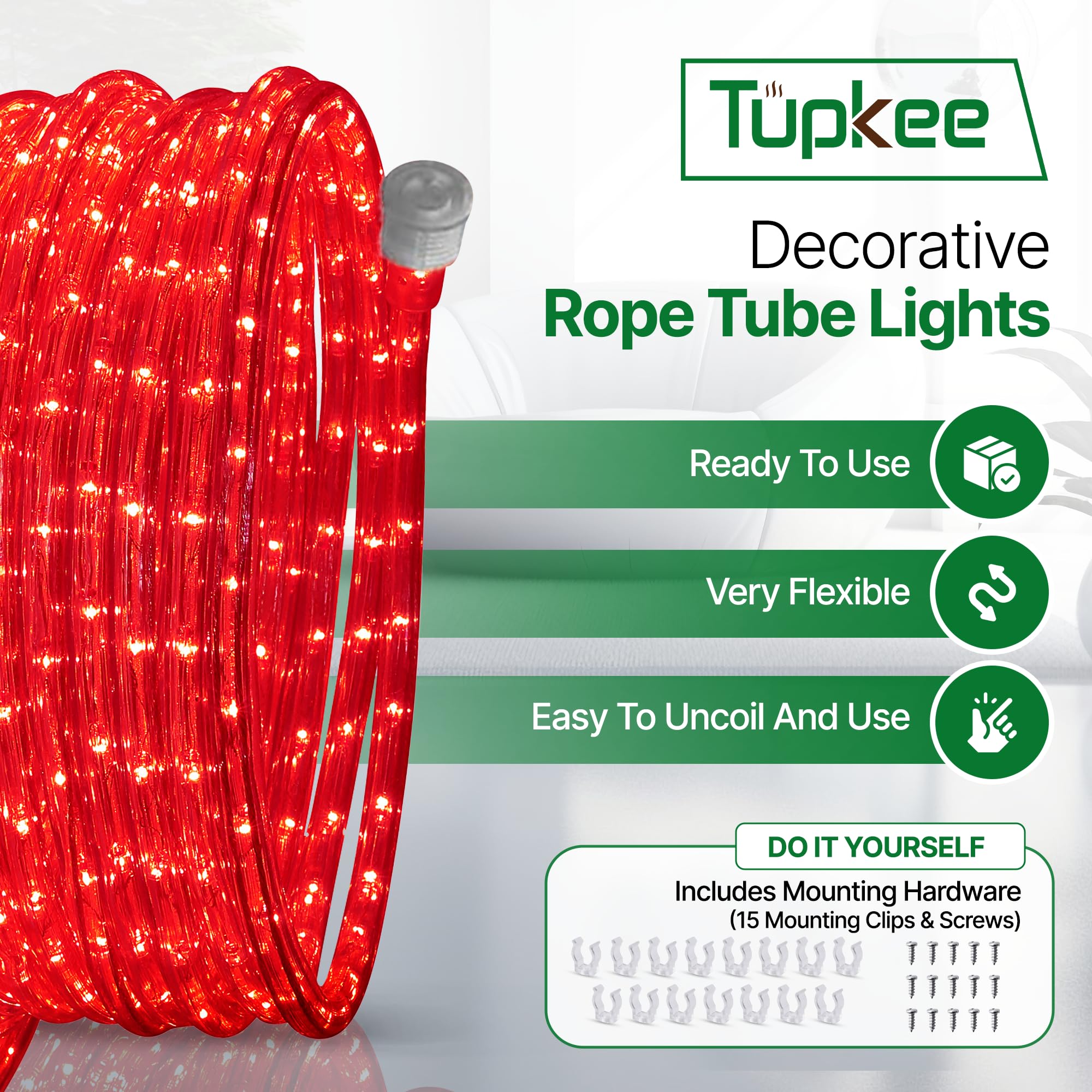 Tupkee LED Rope Light - 24ft Red Indoor/Outdoor Lighting, 10mm Diameter, 144 Long Life Bulbs, Model E237798