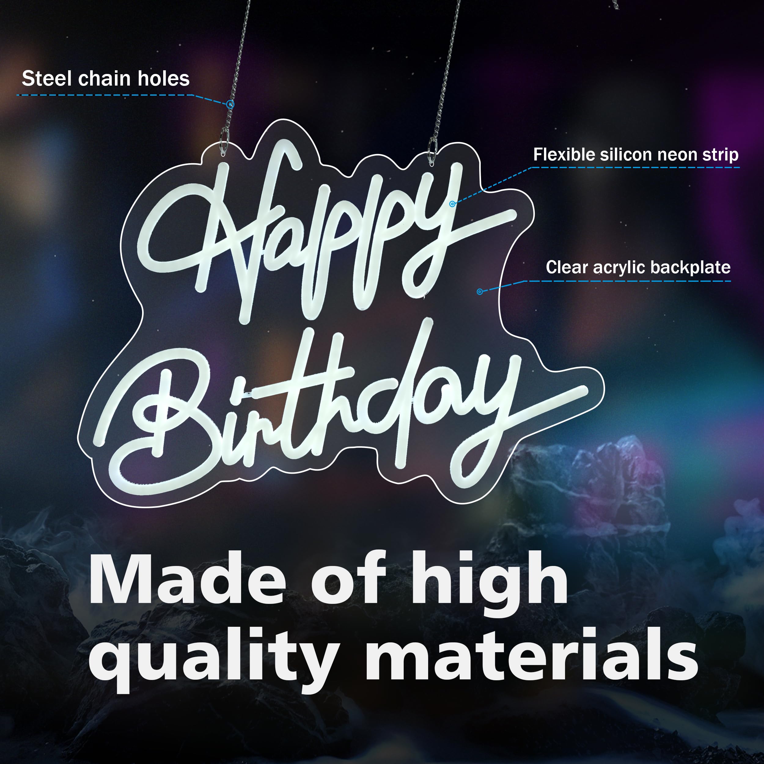 Liuisneo Happy Birthday Neon Sign,Innovative Integral Forming Process,With Dimmable Switch For All Holiday Party And Home Decoration,17 * 14Inch,White