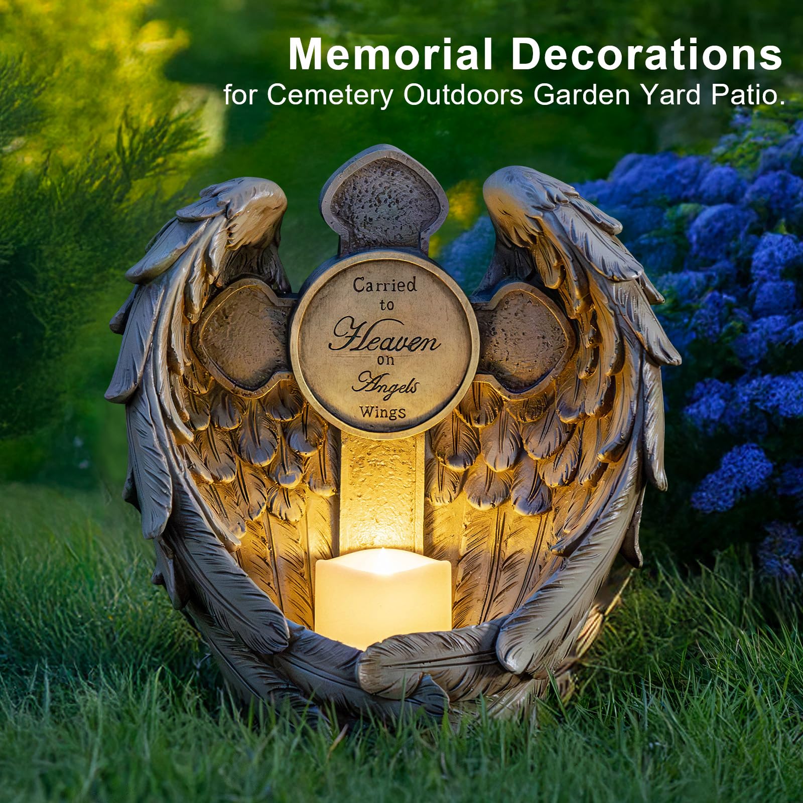 Candieslife Solar Angel Wing Cross Garden Lights, Waterproof Memorial Decor, 12" Resin, Angel Wings for Cemetery and Outdoor Use