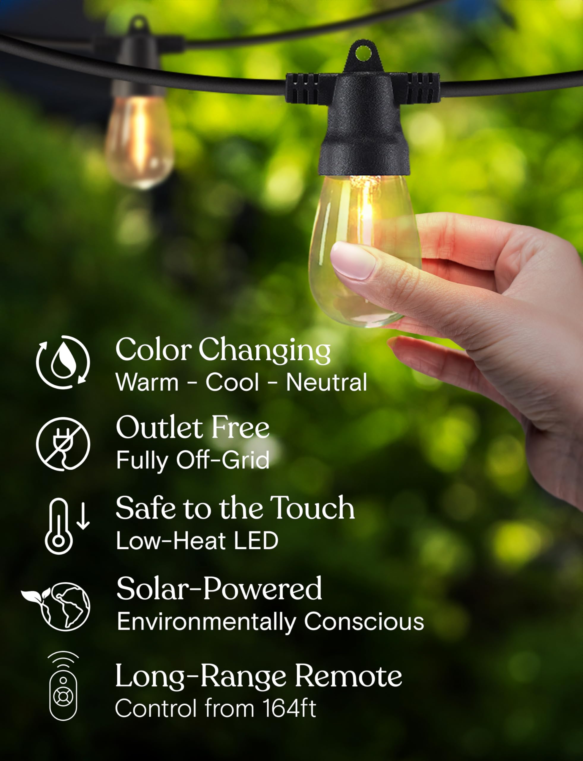 Brightech Ambience Pro Solar LED String Lights - 104ft, Waterproof, 48 Bulbs, Color Changing White, Remote Control, Model: SLR7W-104NH-48B