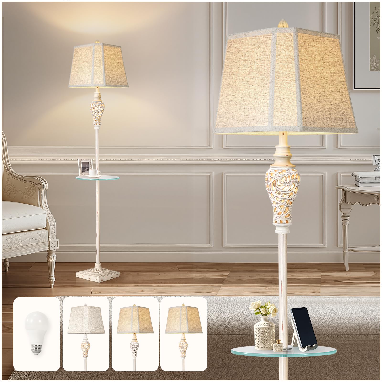 Vintage Floor Lamp With Nightlight And Glass Tray, Farmhouse Standing Lamp With White Washed Finish And Linen Shade, 65'' Rustic