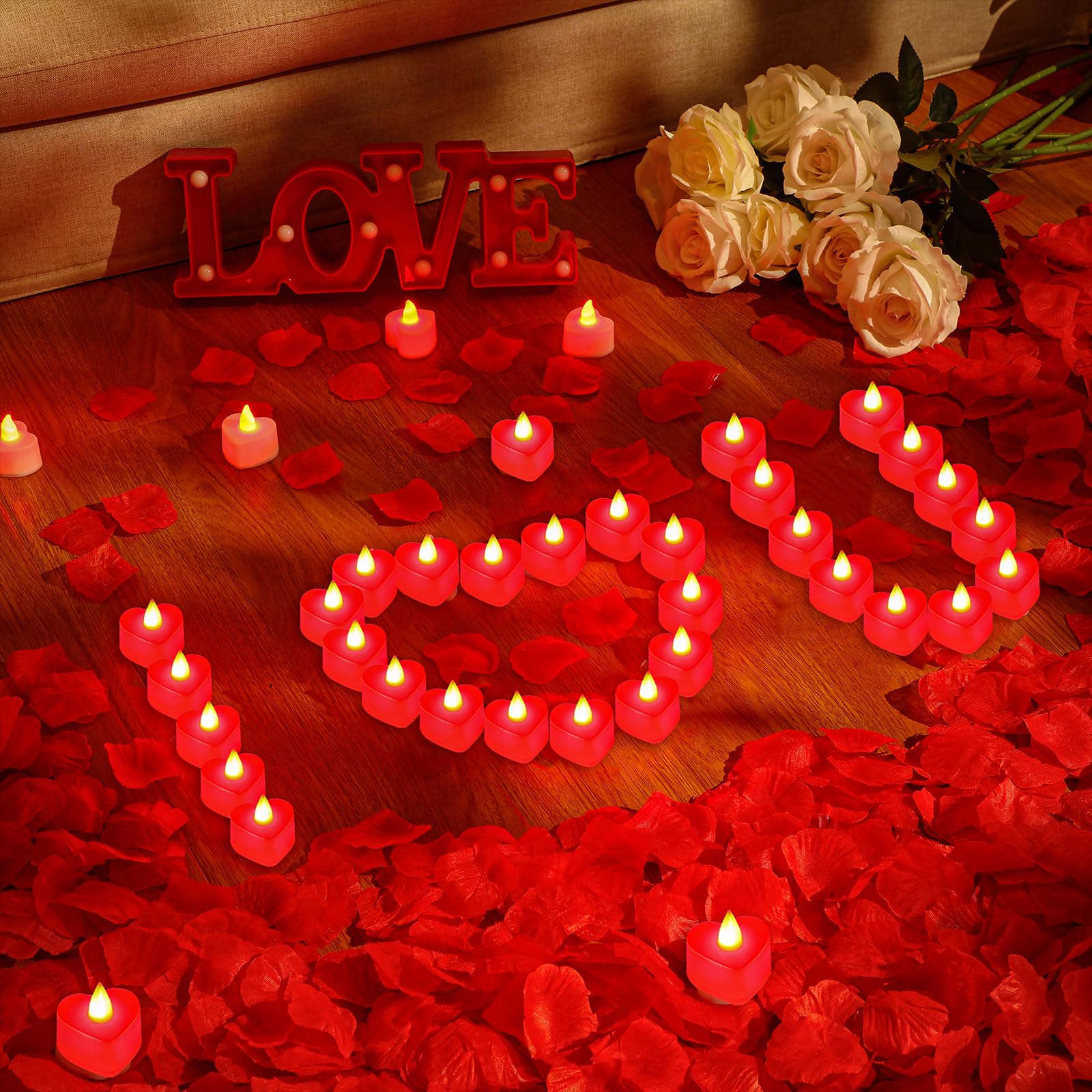 Vihose 4000 Pcs Artificial Rose Petals With 24 Pcs Led Tea Lights Candles Flameless Led Candles Fake Rose Petals For Valentine'S Night Proposal Wedding(Red Light, Red Petals)