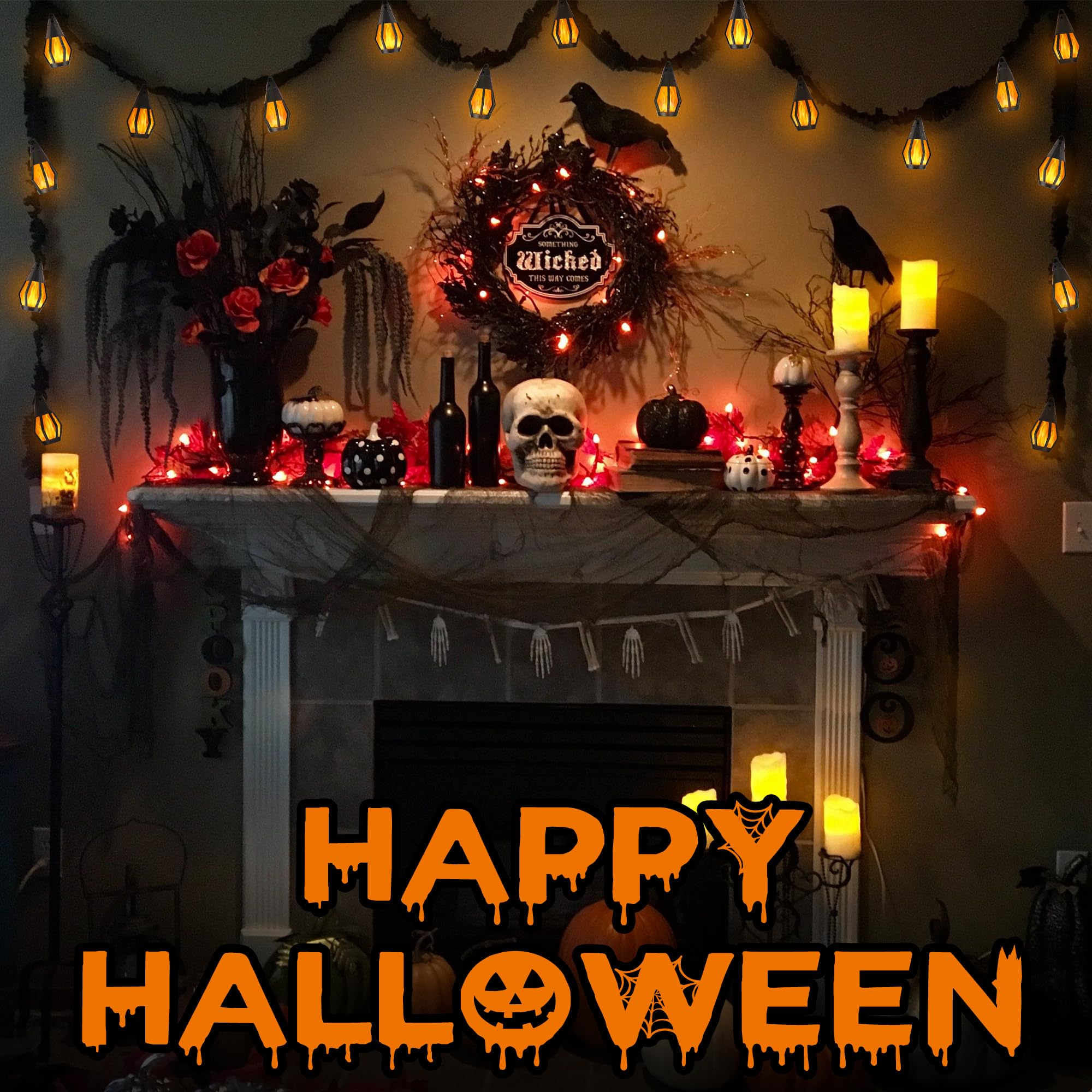 Jnaurb Solar String Lights, 13Ft Waterproof LED Flame Lights, Warm White, Orange, for Outdoor Halloween Decor