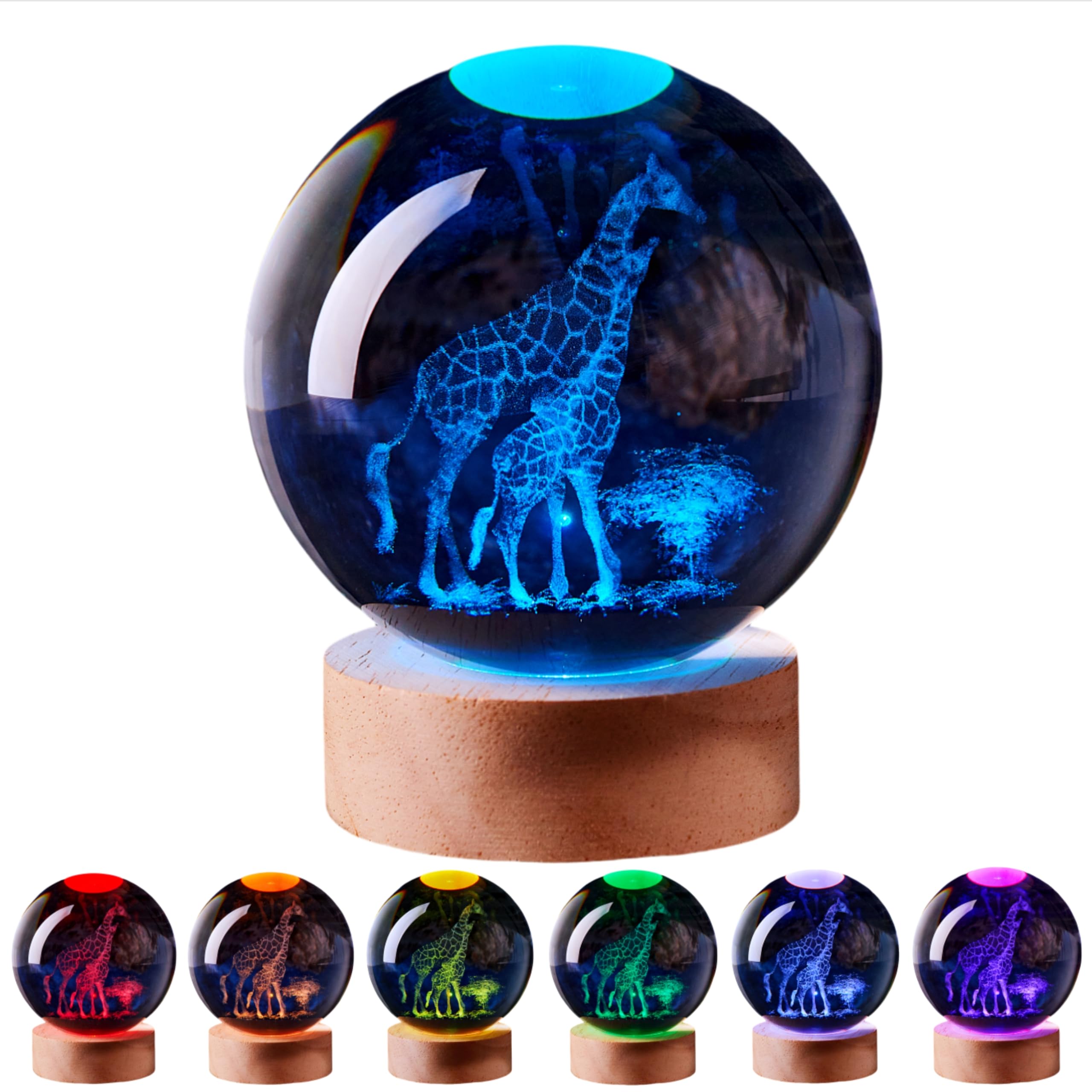 3D Large Giraffe Crystal Ball Night Light with Wooden Base  Giraffes Crystal Lamp Gift for Kids Wife Friends  16 Color Changing with Remote Control  Laser Engraved 3.15 inch Glass Ball Lamp (Giraffe)