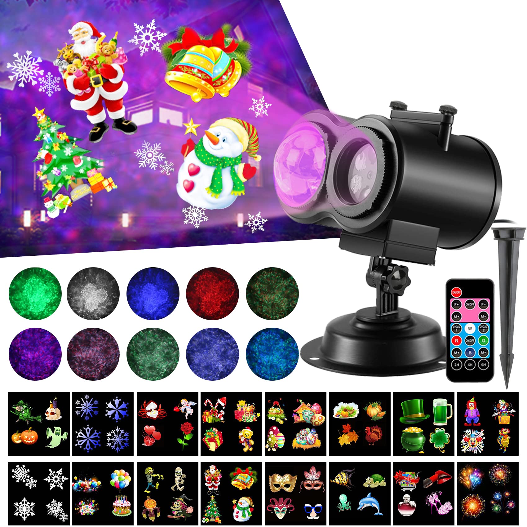 Led Christmas Projector Lights,2-In-1 Ocean Wave Projector,16 Slides 10 Colors,Remote Control Indoor Outdoor Waterproof Holiday Light For Halloween Christmas Birthday Party Garden Landscape Decoration