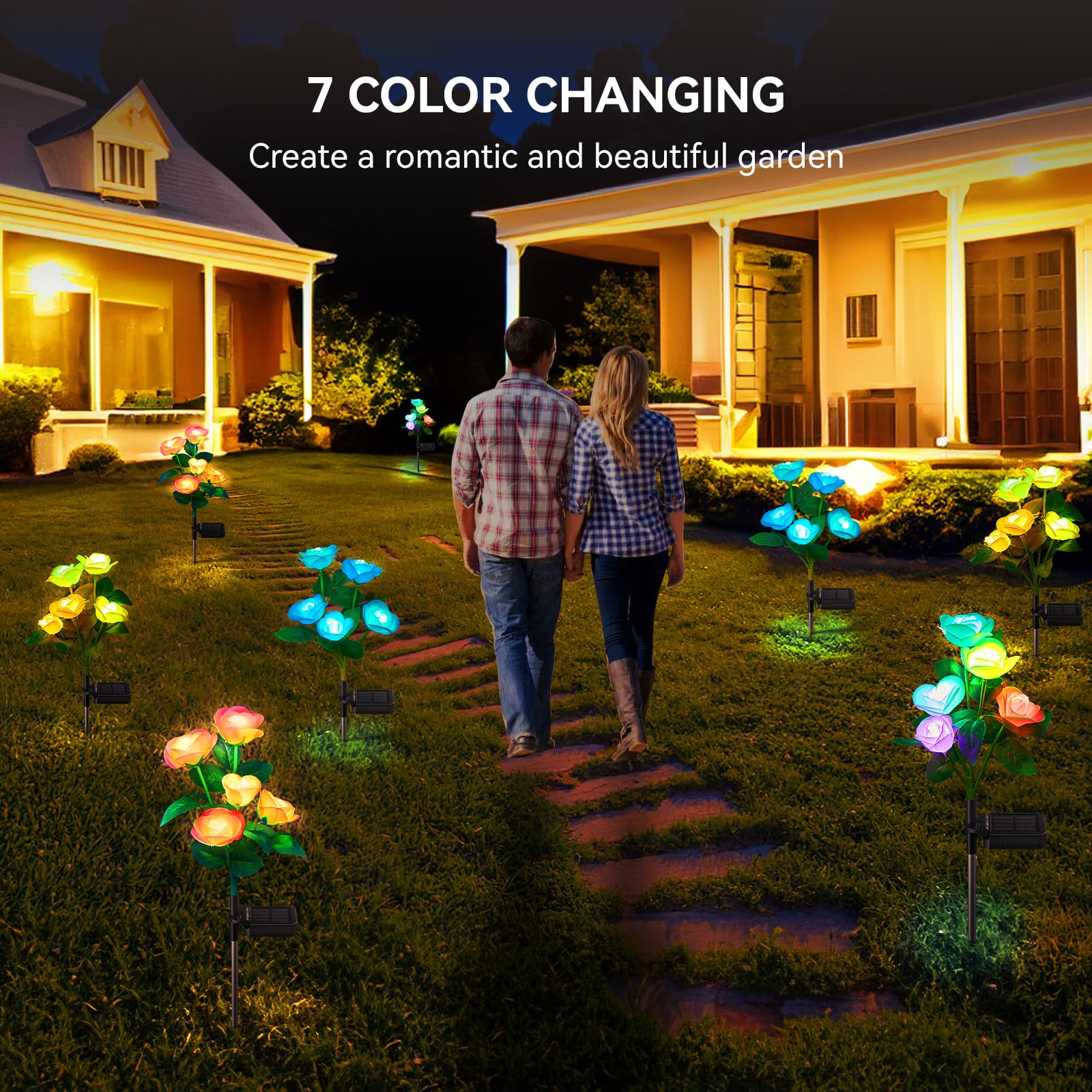WdtPro Solar Garden Lights - 8 Pack Waterproof Color Changing Rose Flowers - Multicolor