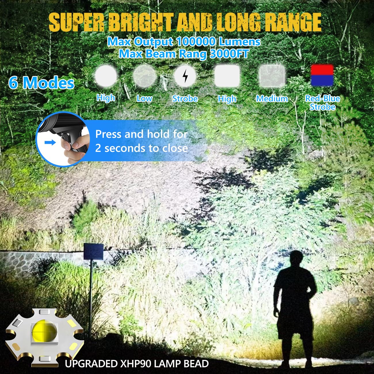 JSKNB 100000 Lumen Rechargeable Spotlight Flashlight with Tripod, 6 Modes, 3 Color Filters - Super Bright Outdoor Light for Camping & Hunting