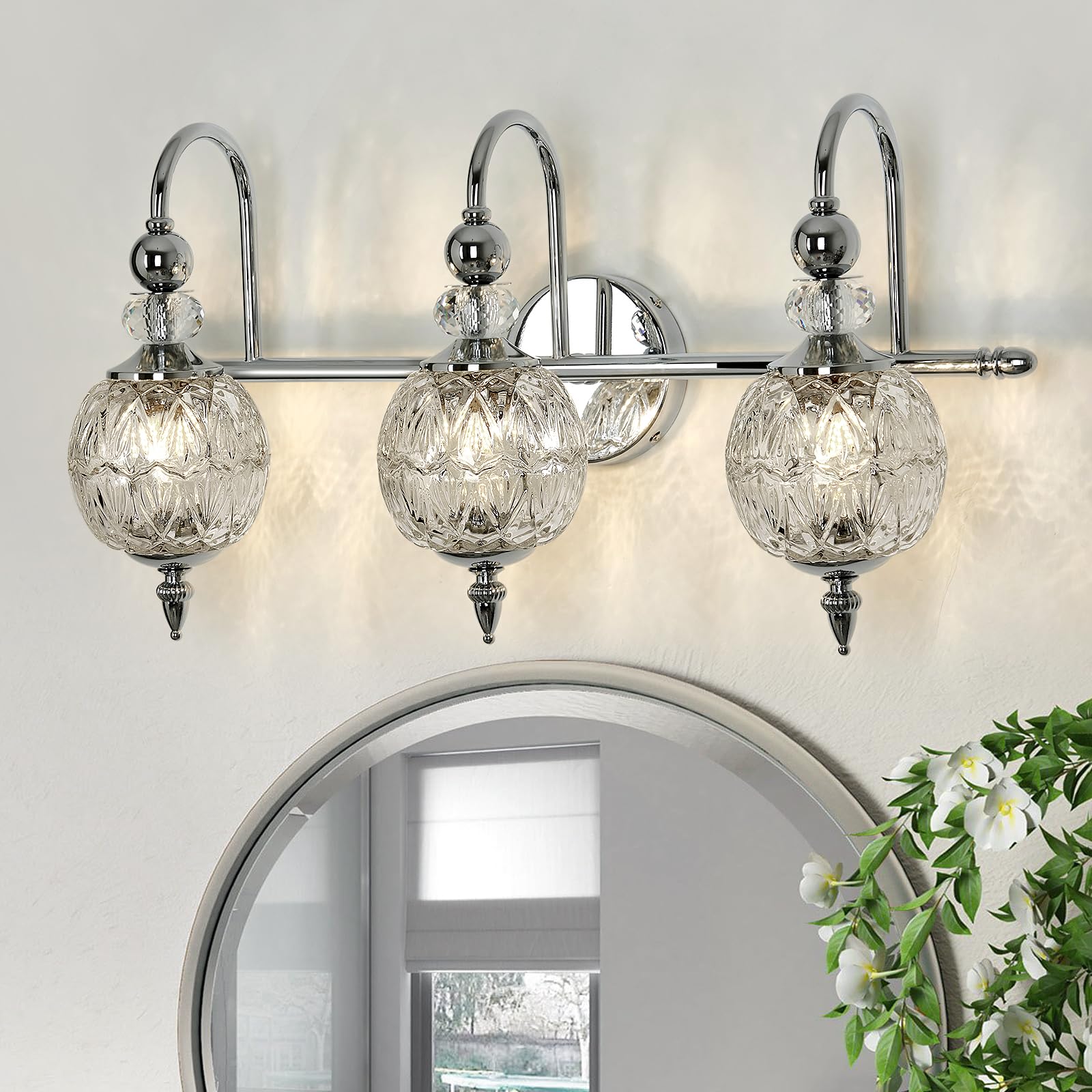 Piepooye Modern Bathroom Light Fixtures Polished Chrome Vanity Light With Glass Globe Lampshade 3 Lights Mid Century G9 Bulb Wal