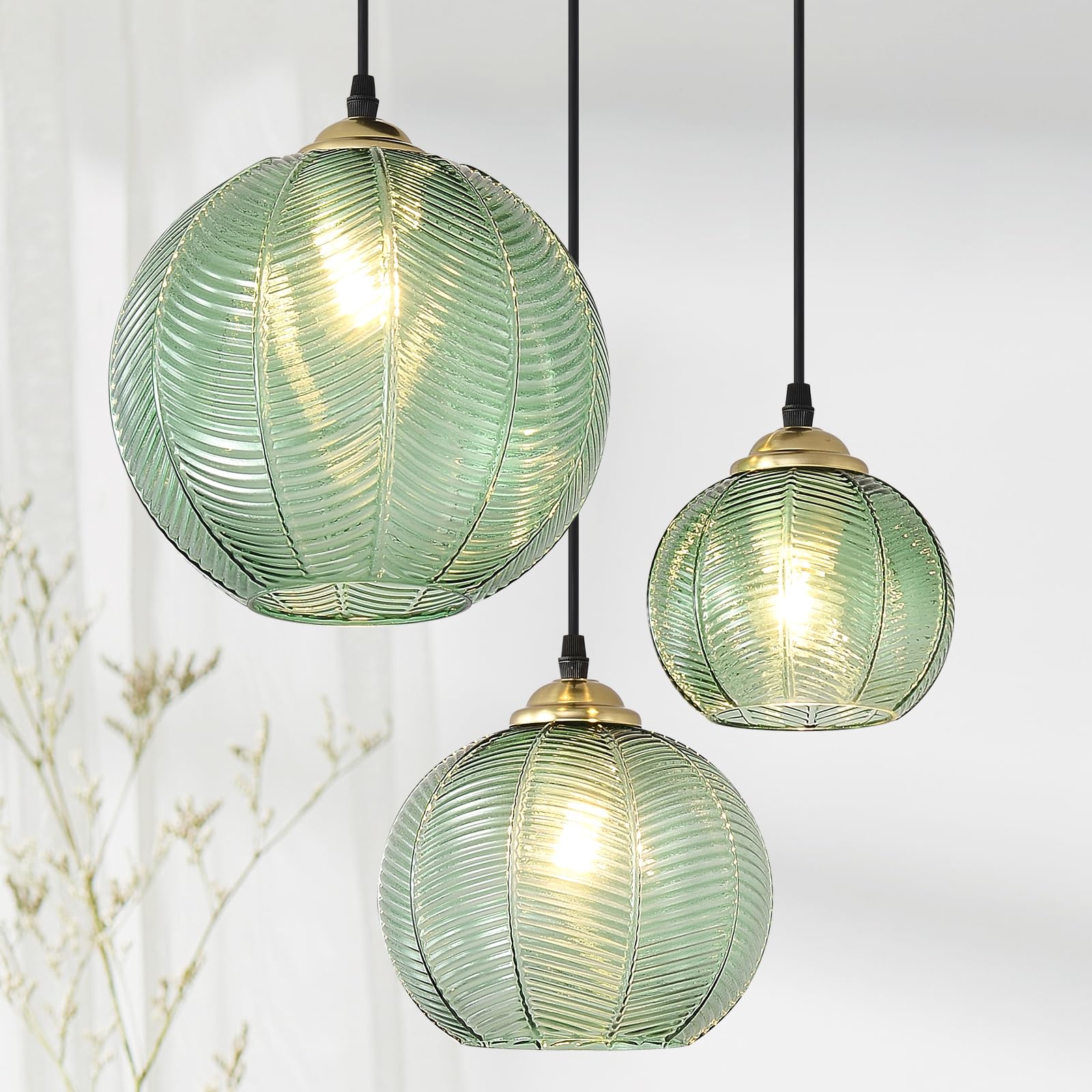 TESTOYS 3-Light Glass Globe Pendant Light Kitchen Island, Mid-Century Modern Pendant Ball Chandelier with Green Ribbed, Vintage 