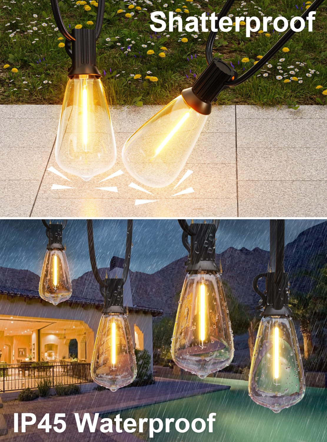 Gpatio 200Ft(100Ft*2Pack) Outdoor String Lights, Waterproof Patio Lights With 64 Dimmable Hanging Lights Globe St38 Bulbs, 2700K