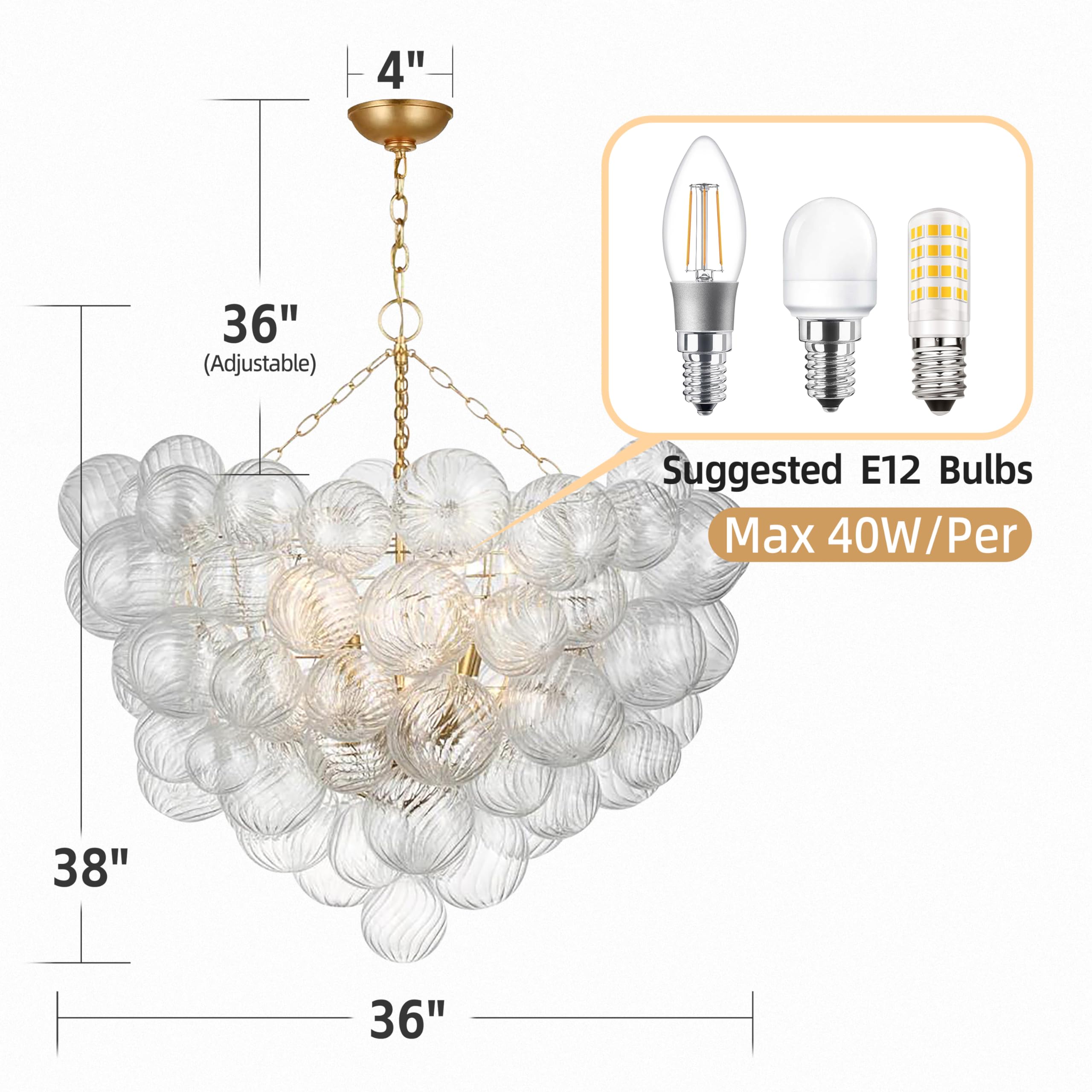 Beypan Mid Century Bubble Ball Chandeliers Decorative Lights Swirled Ribbed Glass Clear Blown Glass Globe Chandelier Dia 36 Inch Bowl Pendant Light Fixture For Bedroom Dining Room Over Table