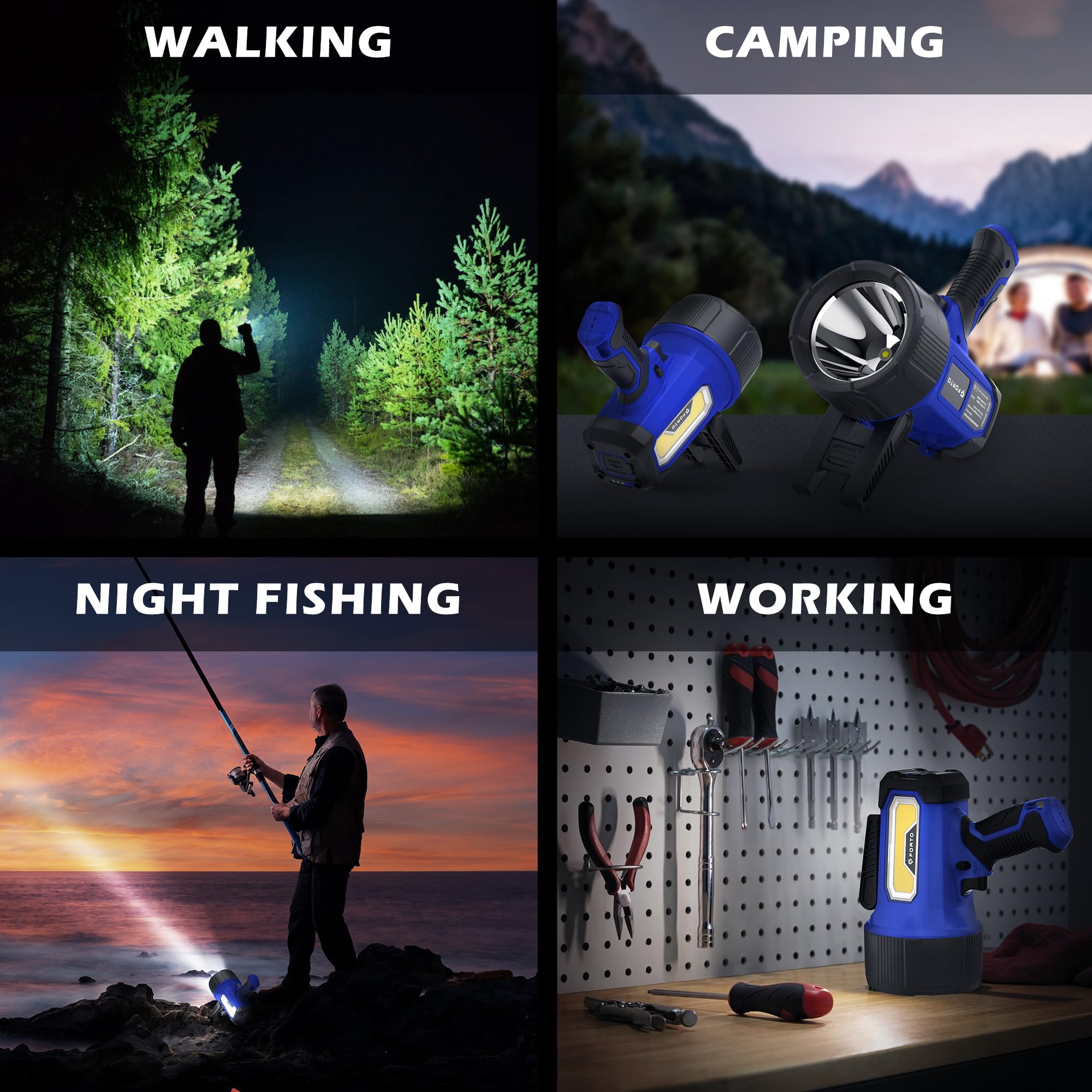 FORTO Rechargeable Spotlight Flashlight, 200000 Lumens Handheld Spotlight with Foldable Stand, 6 Modes IPX7 Waterproof LED Spot